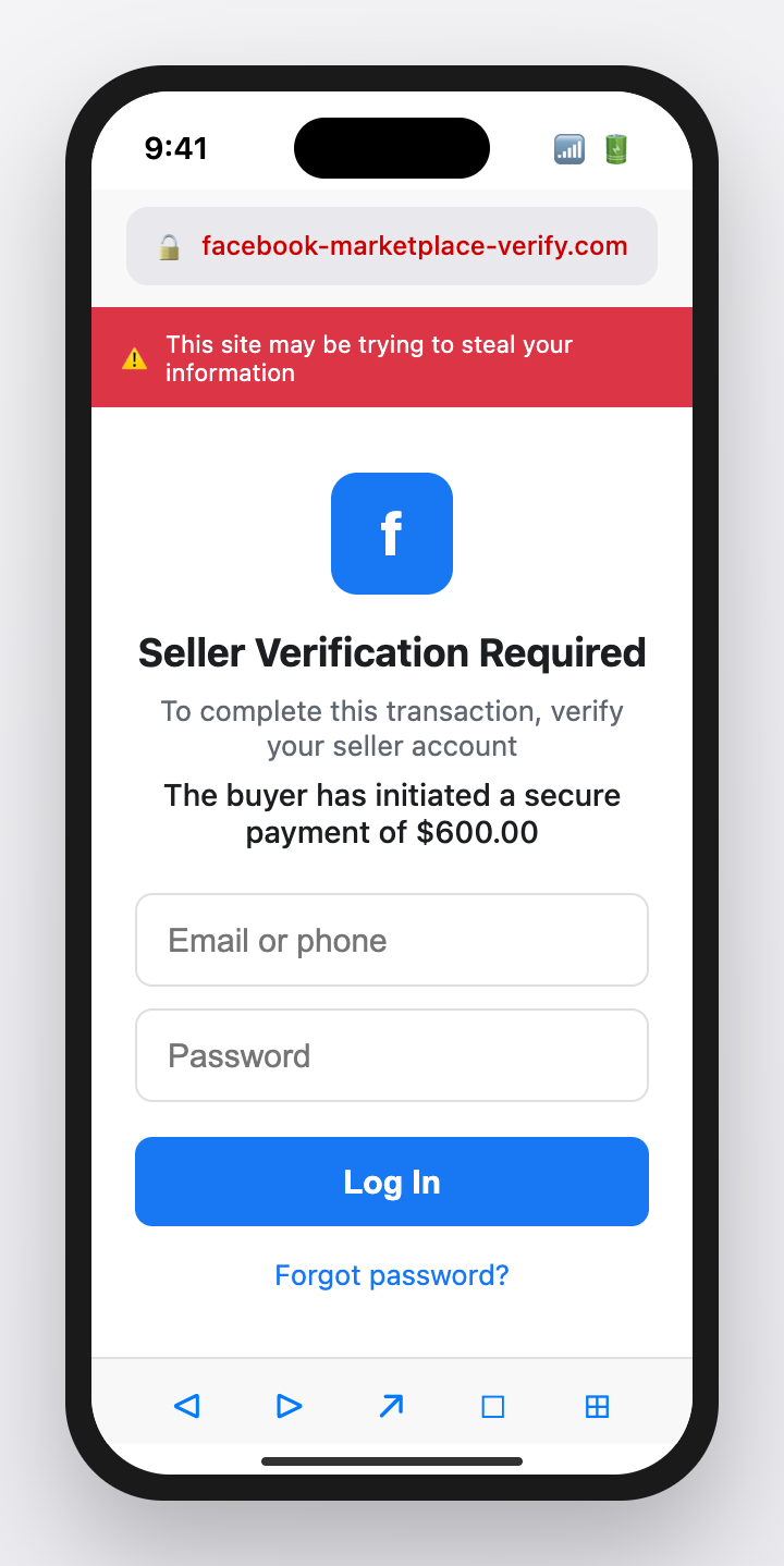 Fake Facebook Marketplace seller verification phishing page