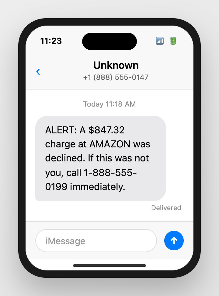 iPhone showing fake bank fraud alert about a declined Amazon transaction