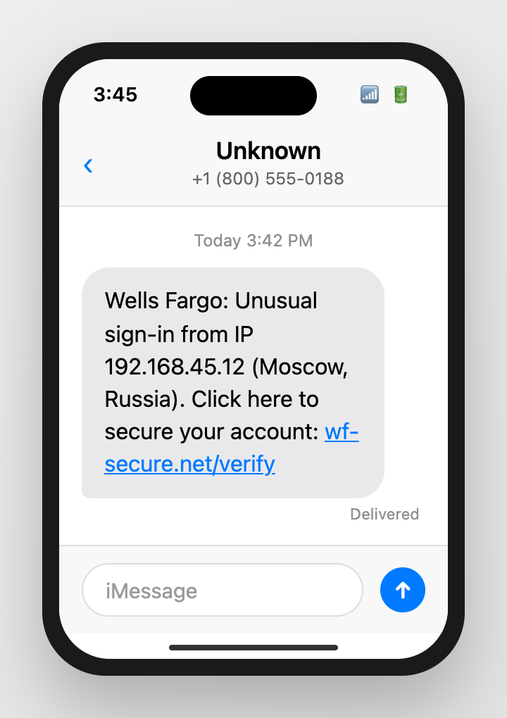 iPhone showing fake Wells Fargo alert about unusual sign-in from Russia