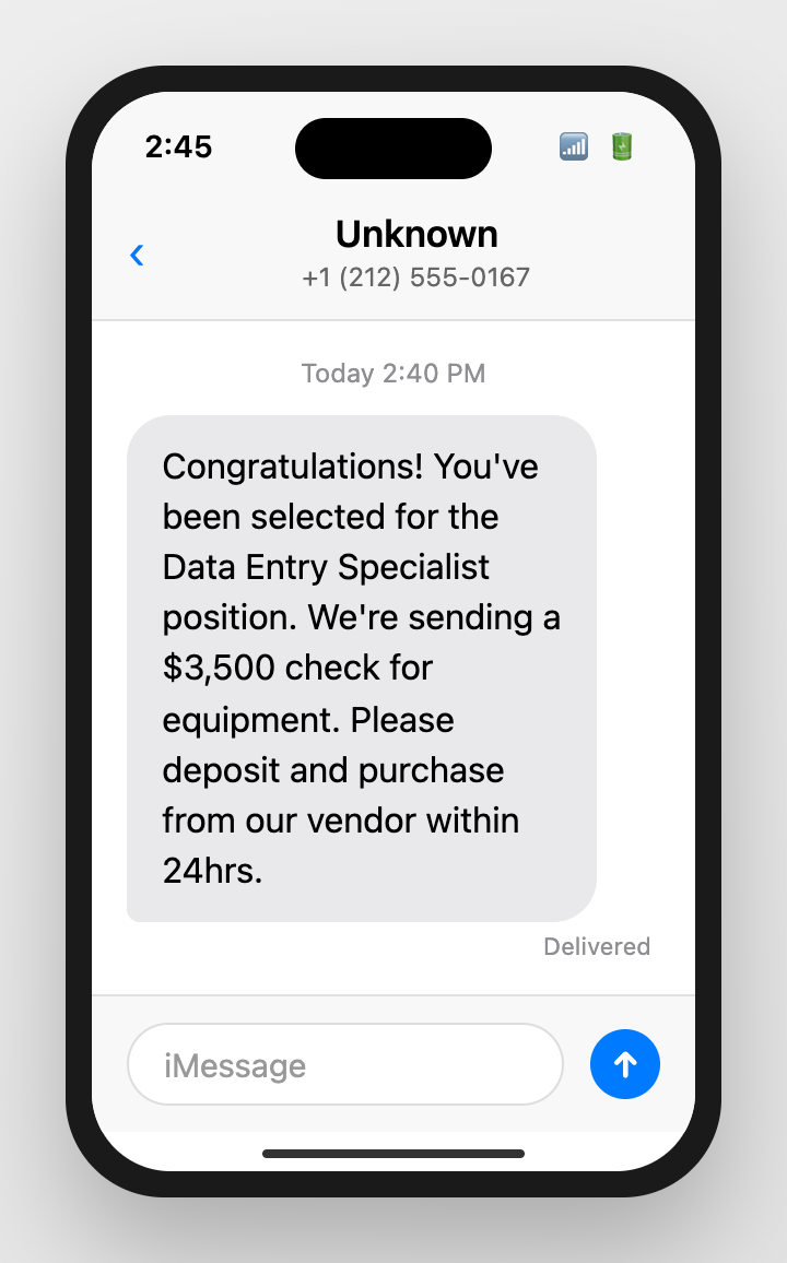 iPhone showing fake job equipment check scam text
