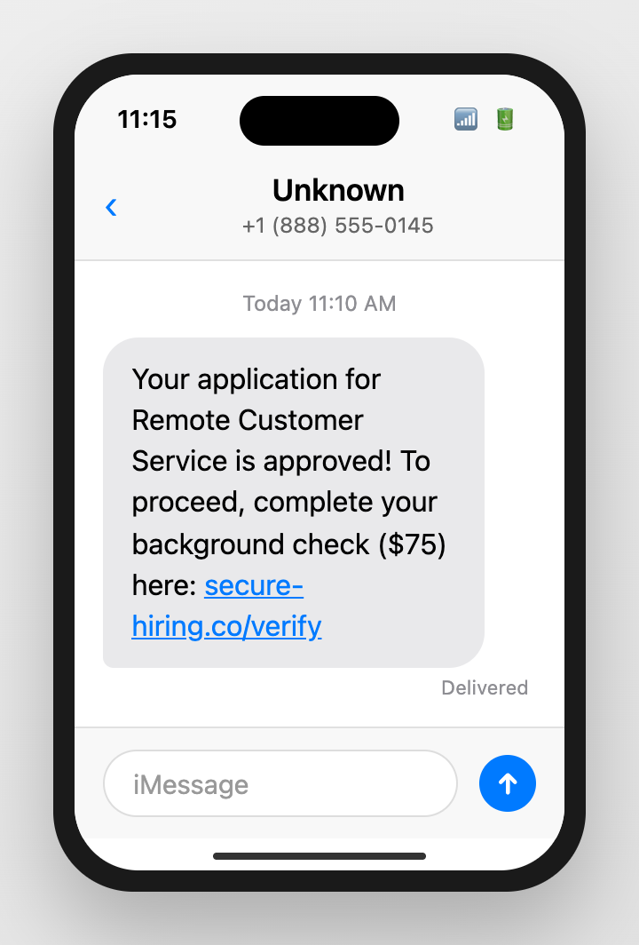iPhone showing fake job requiring upfront payment for background check