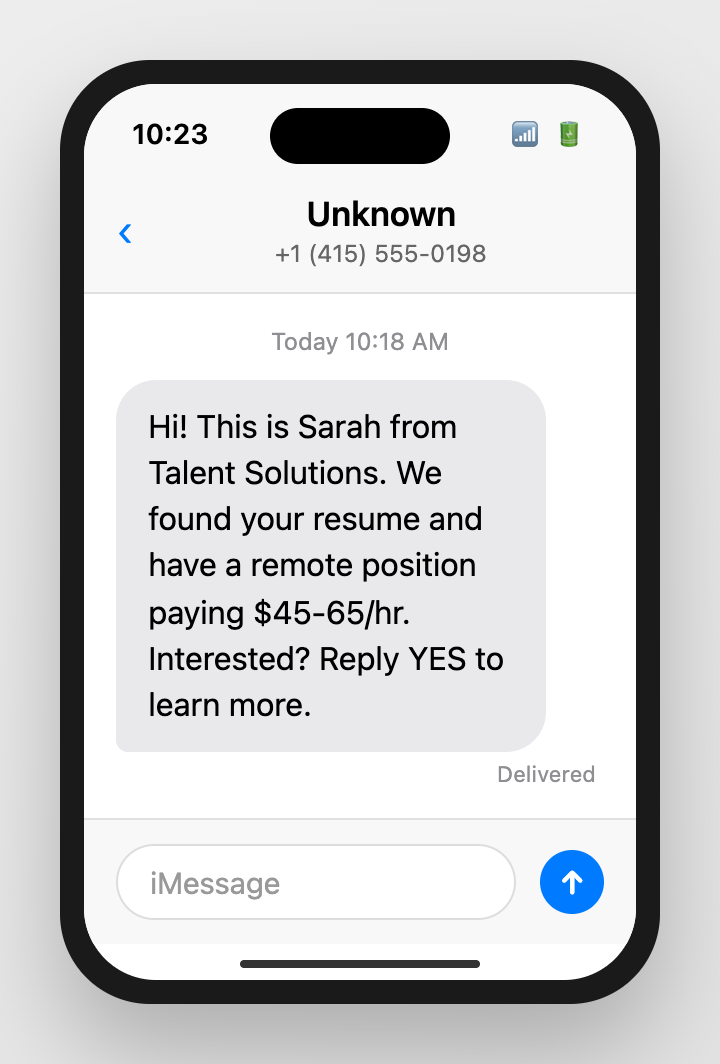 iPhone showing unsolicited job offer text message from fake recruiter