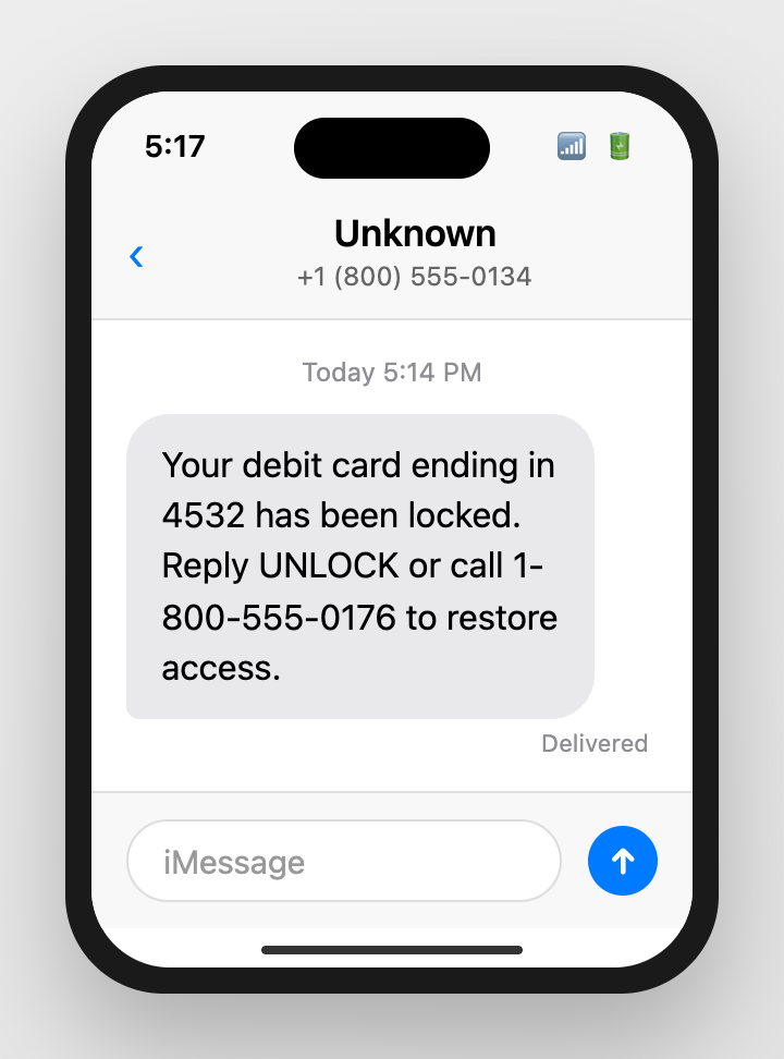 iPhone showing fake locked debit card text message