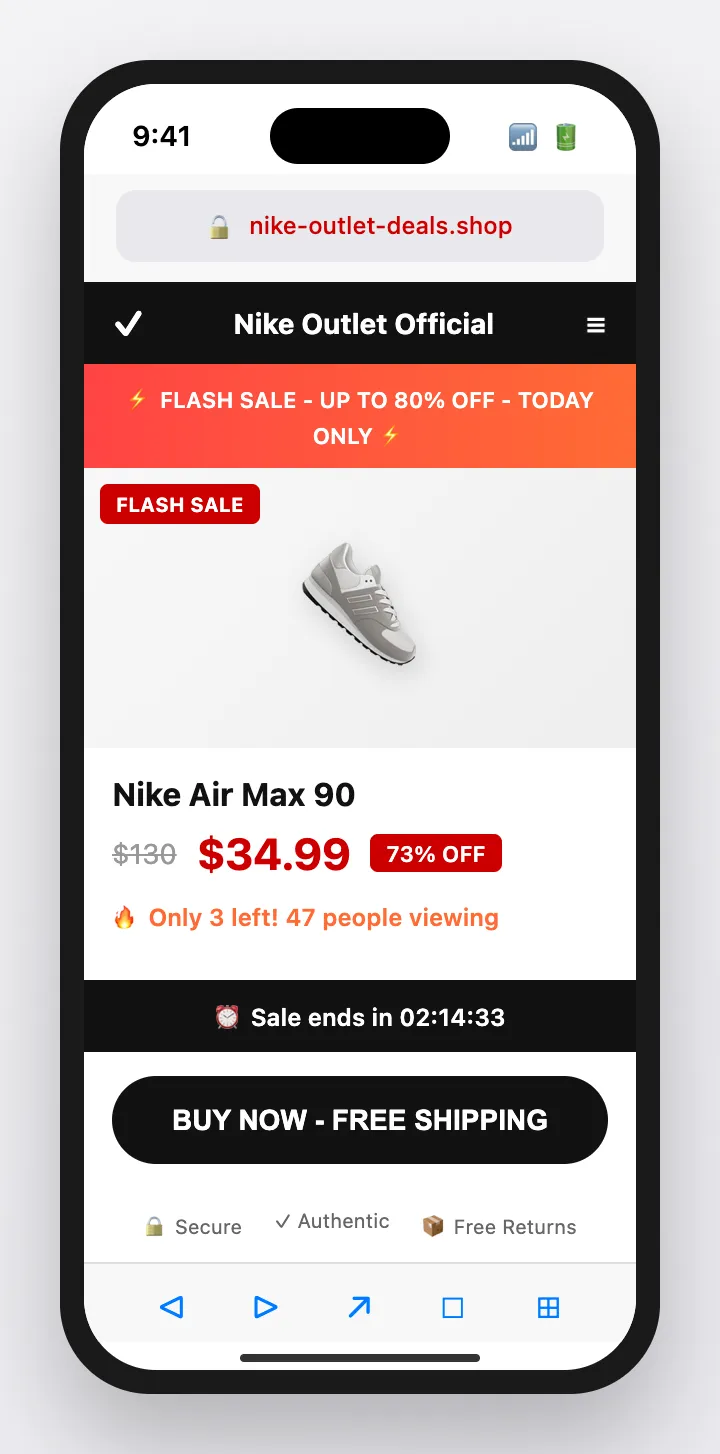 iPhone showing fake Nike store with suspicious domain and extreme discounts