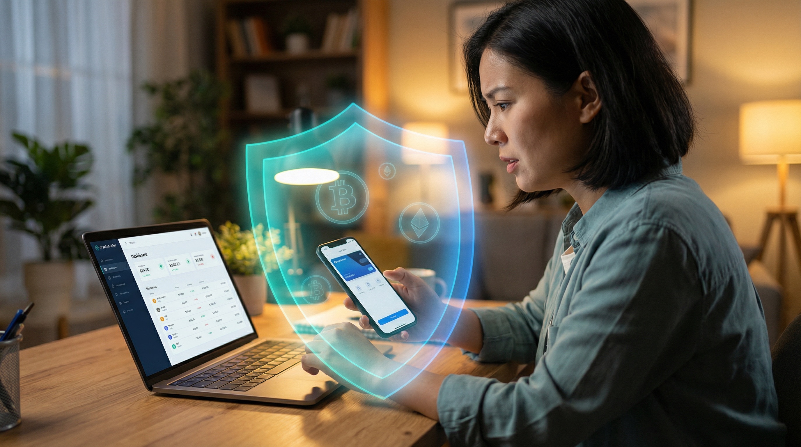 Person at desk with laptop and phone showing crypto wallet, teal protective shield with bitcoin icons