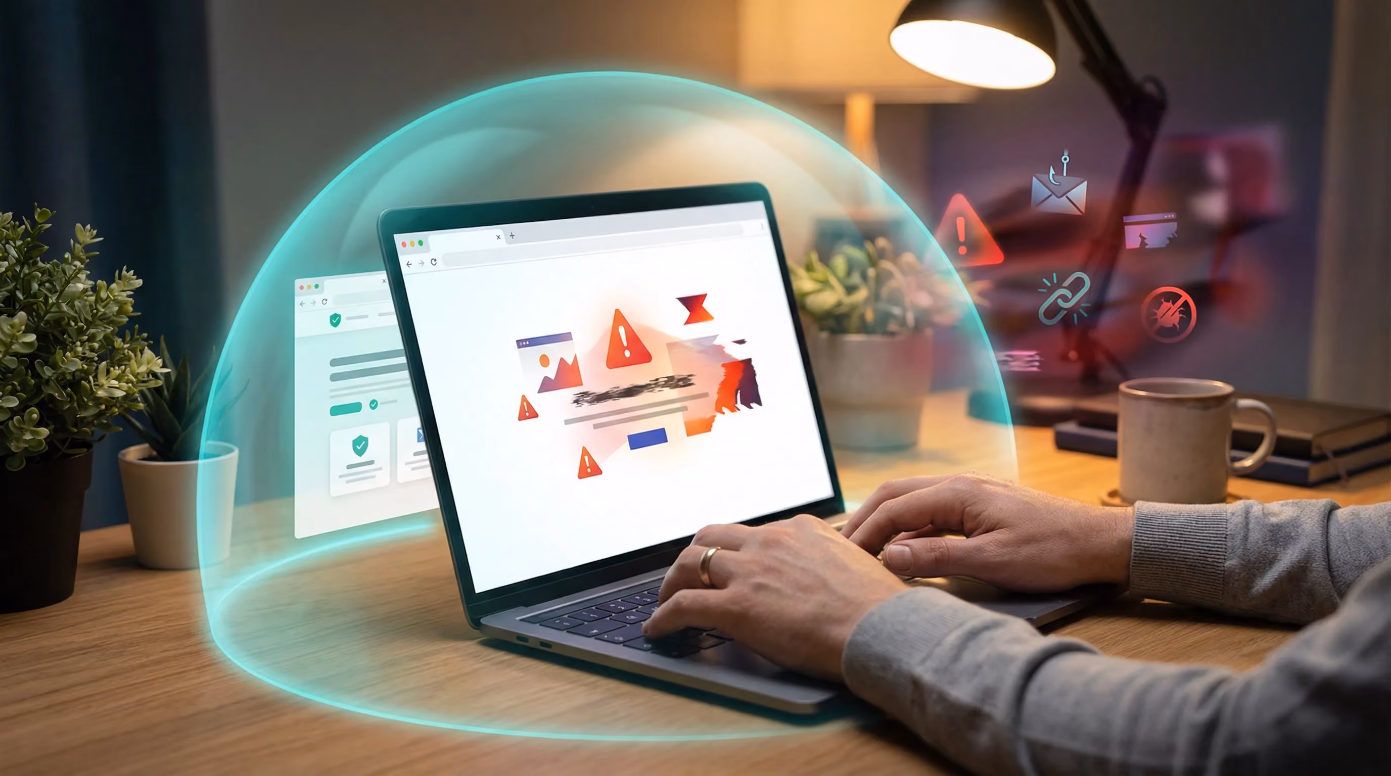 Hands on laptop with browser warning, teal protective dome blocking threats