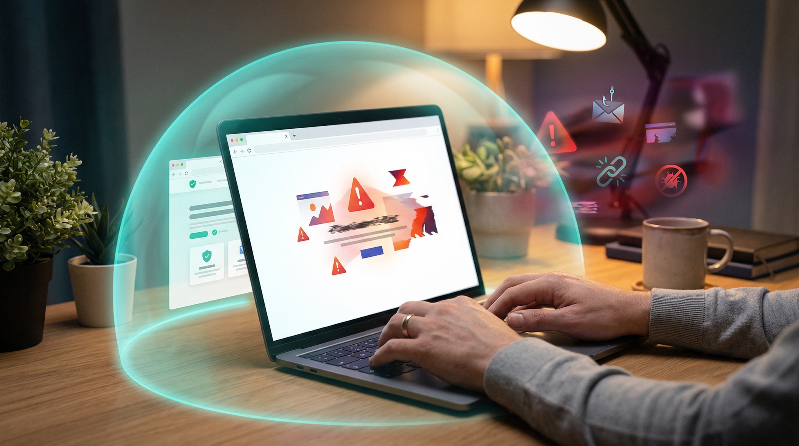 Hands on laptop with browser warning, teal protective dome blocking threats