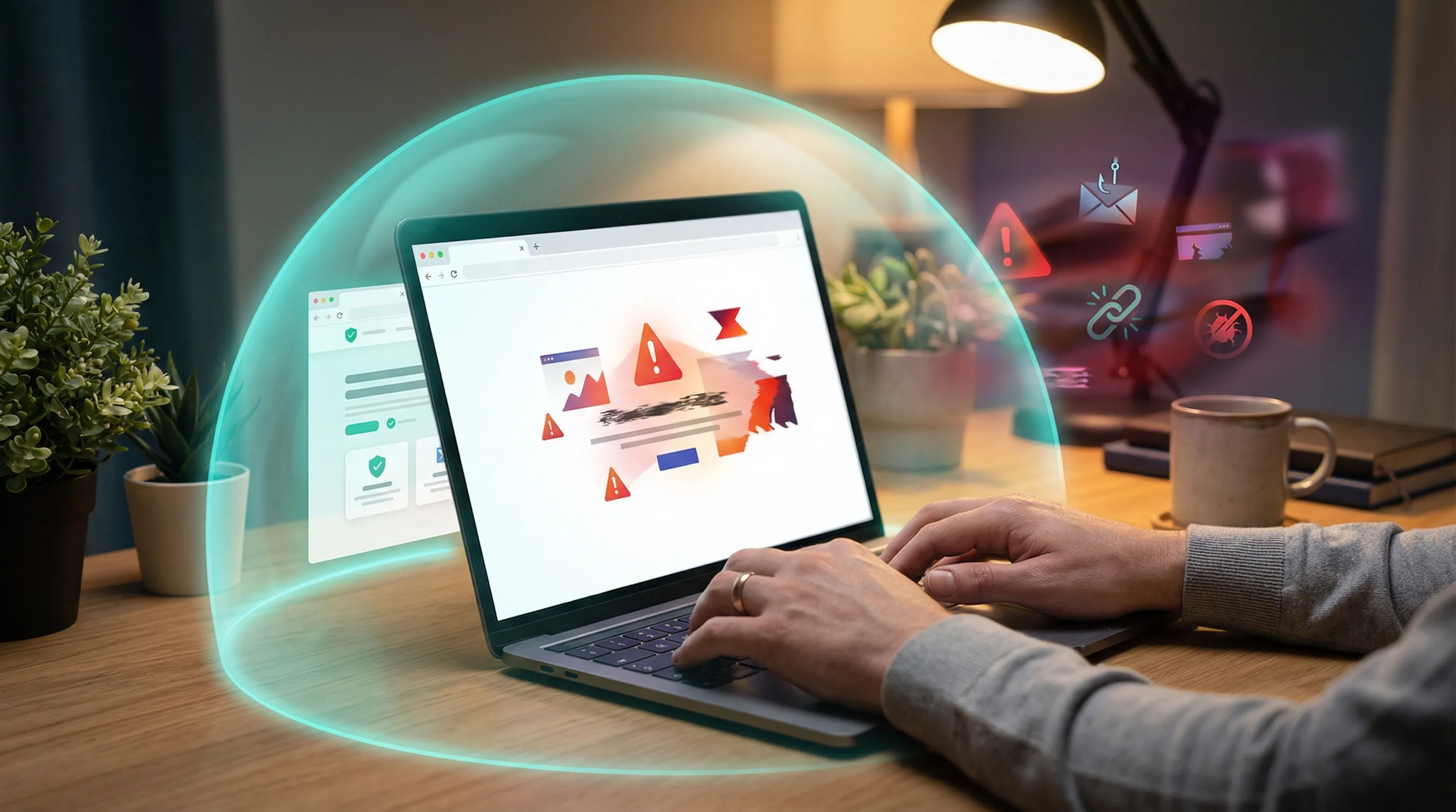 Hands on laptop with browser warning, teal protective dome blocking threats