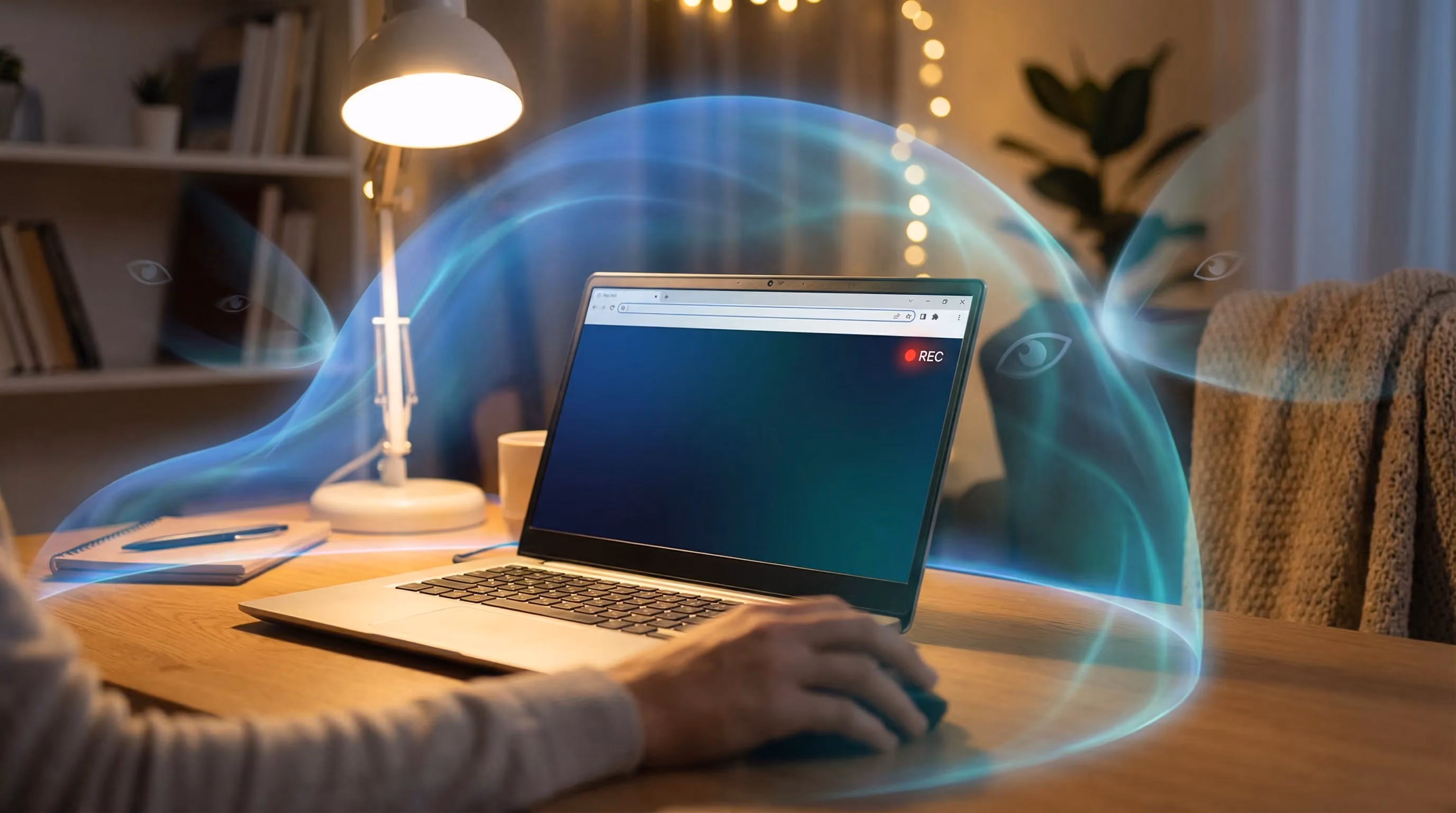 Person at laptop with recording indicator, blue-teal privacy shield blocking eye shapes