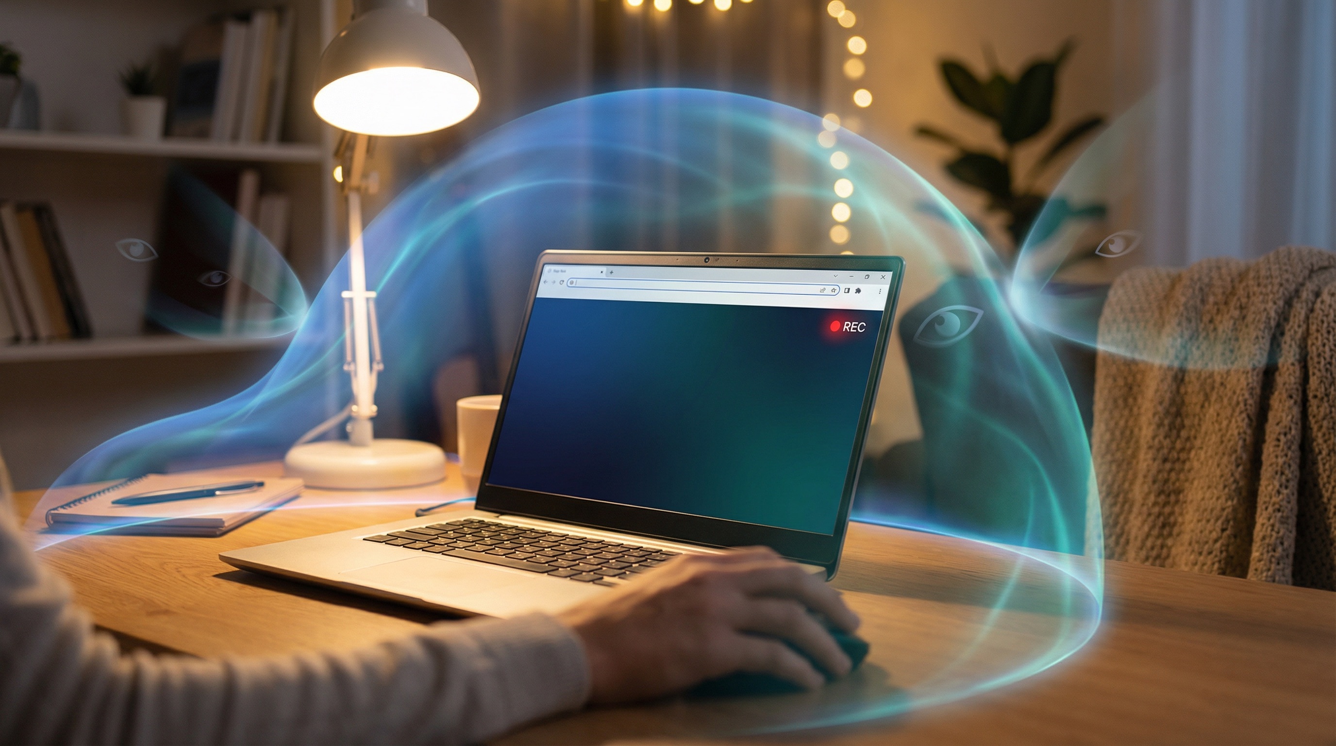 Person at laptop with recording indicator, blue-teal privacy shield blocking eye shapes