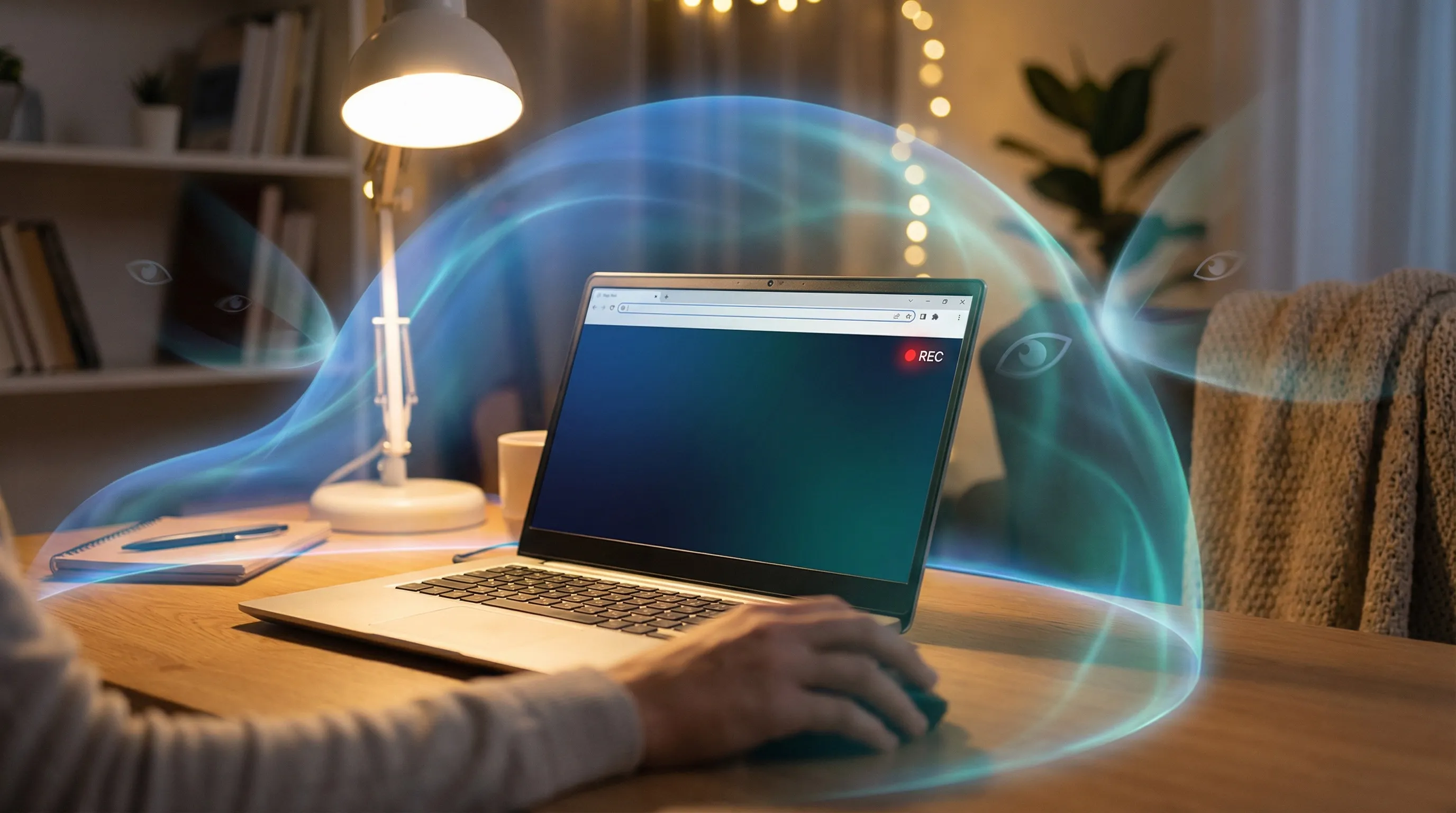 Person at laptop with recording indicator, blue-teal privacy shield blocking eye shapes