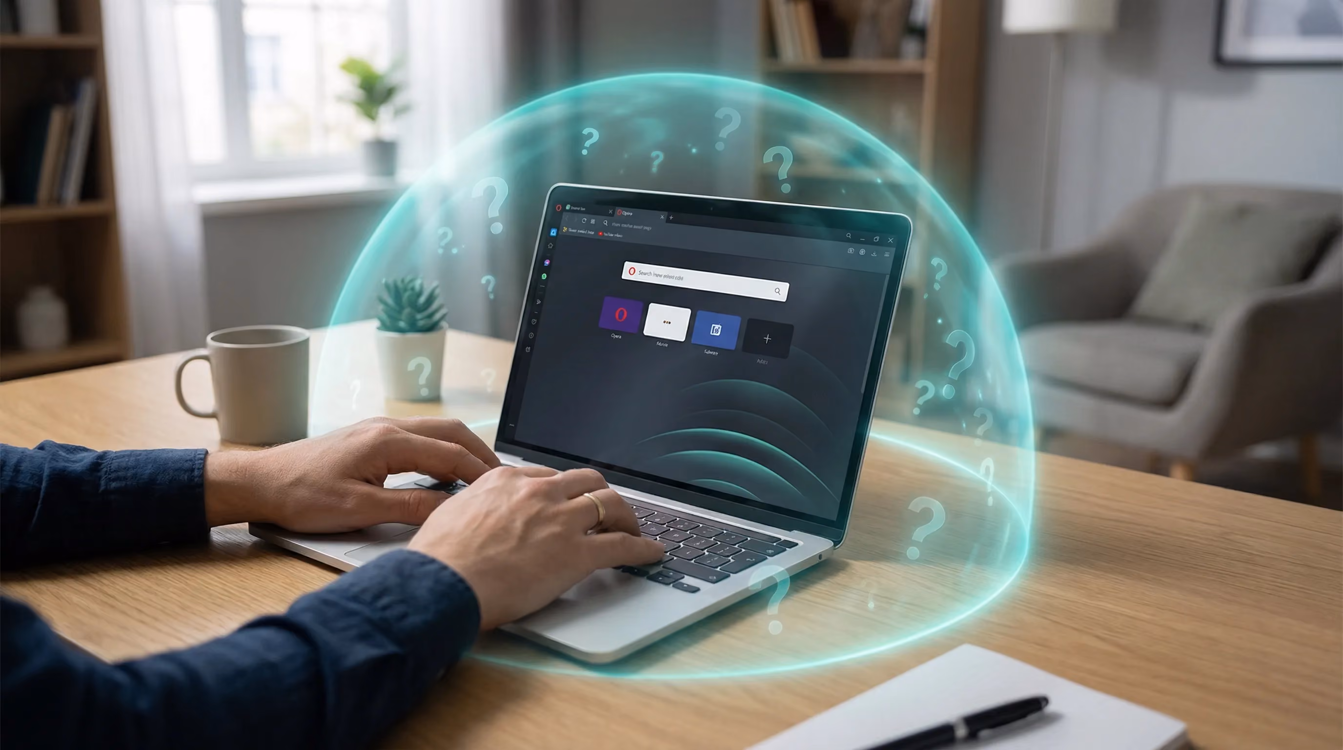 Hands on laptop showing Opera browser, teal shield dome with question marks