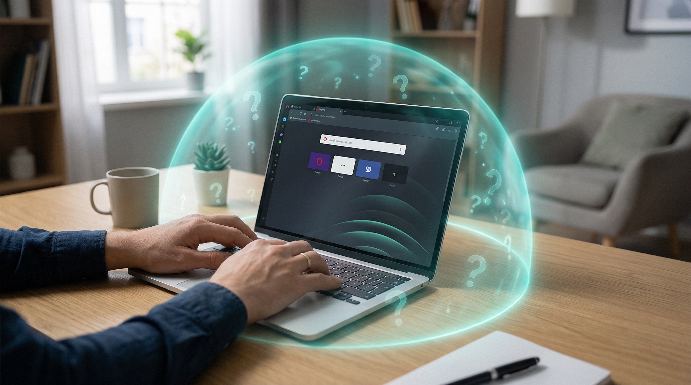 Hands on laptop showing Opera browser, teal shield dome with question marks
