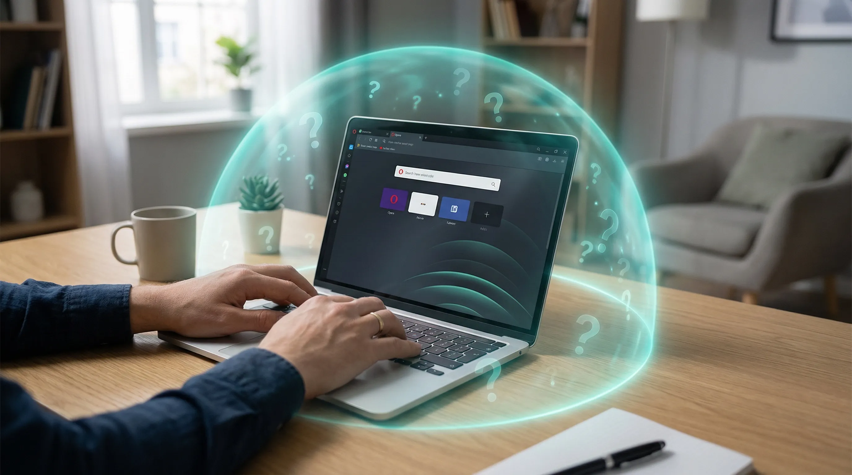 Hands on laptop showing Opera browser, teal shield dome with question marks