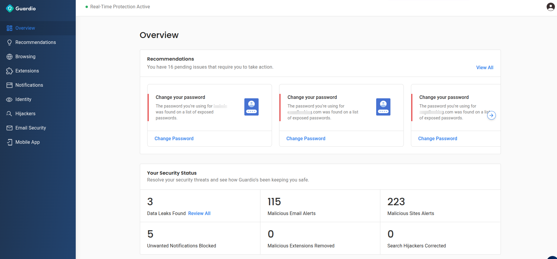 Guardio’s real-time protection activity shown.