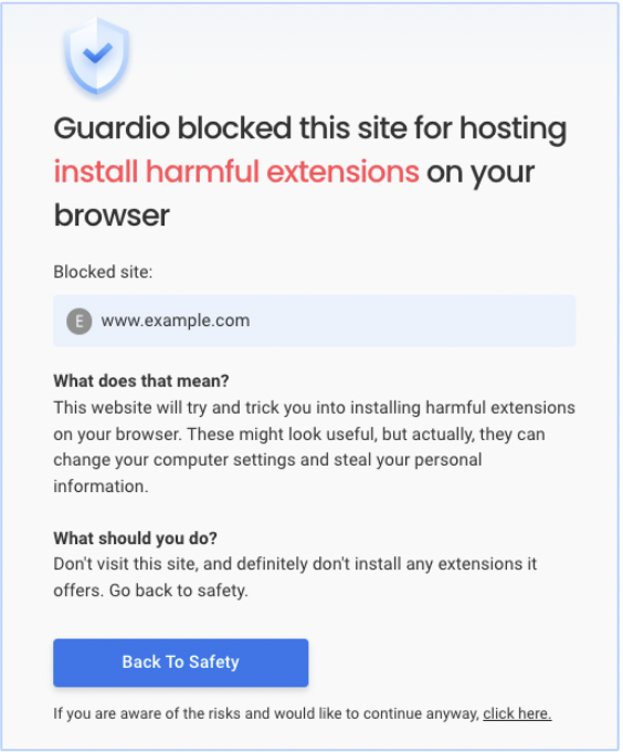 Guardio blocks site hosting harmful browser extensions.