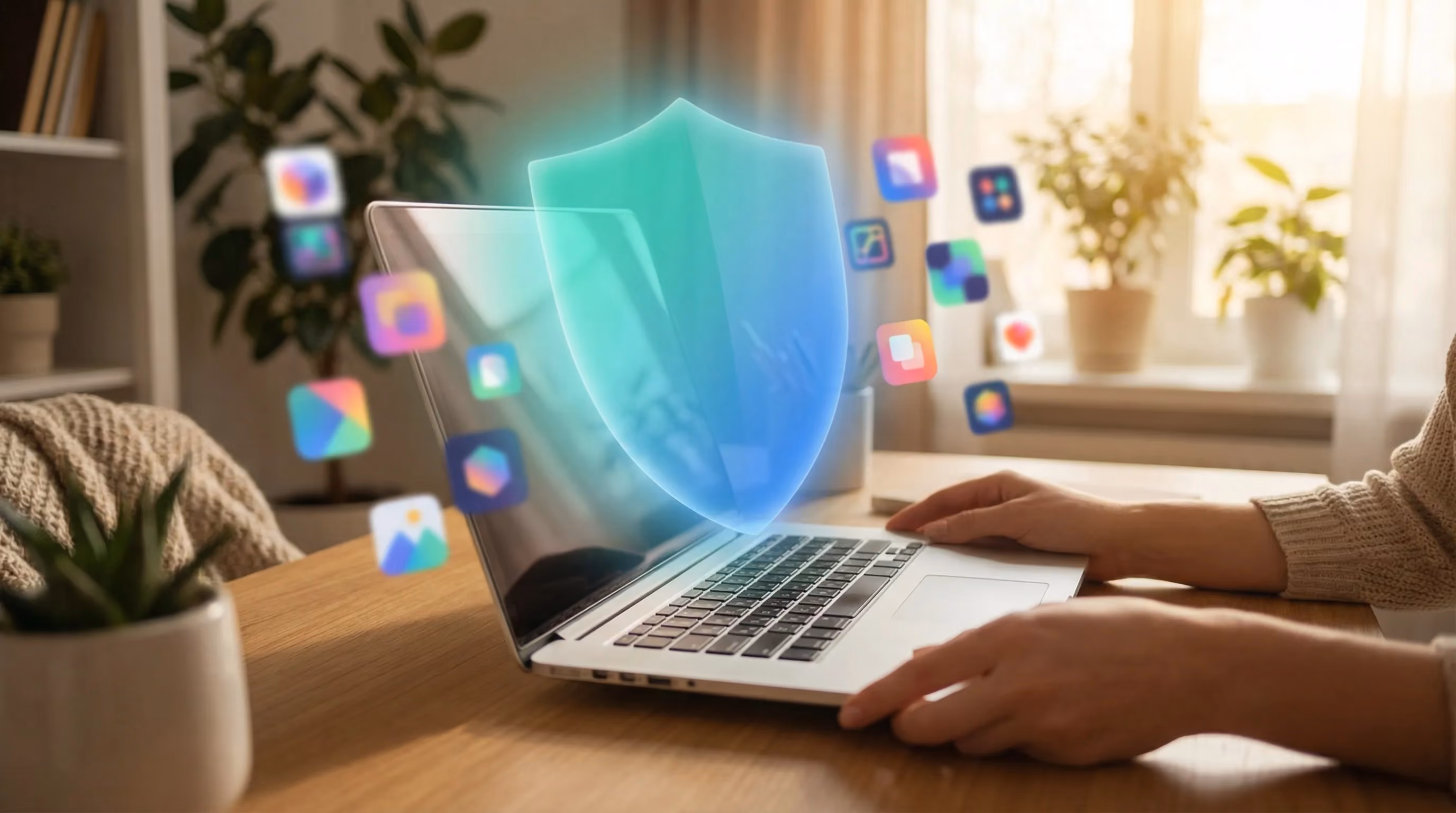 Woman's hands on laptop at home office with shield protecting against floating brand icons, teal protective glow