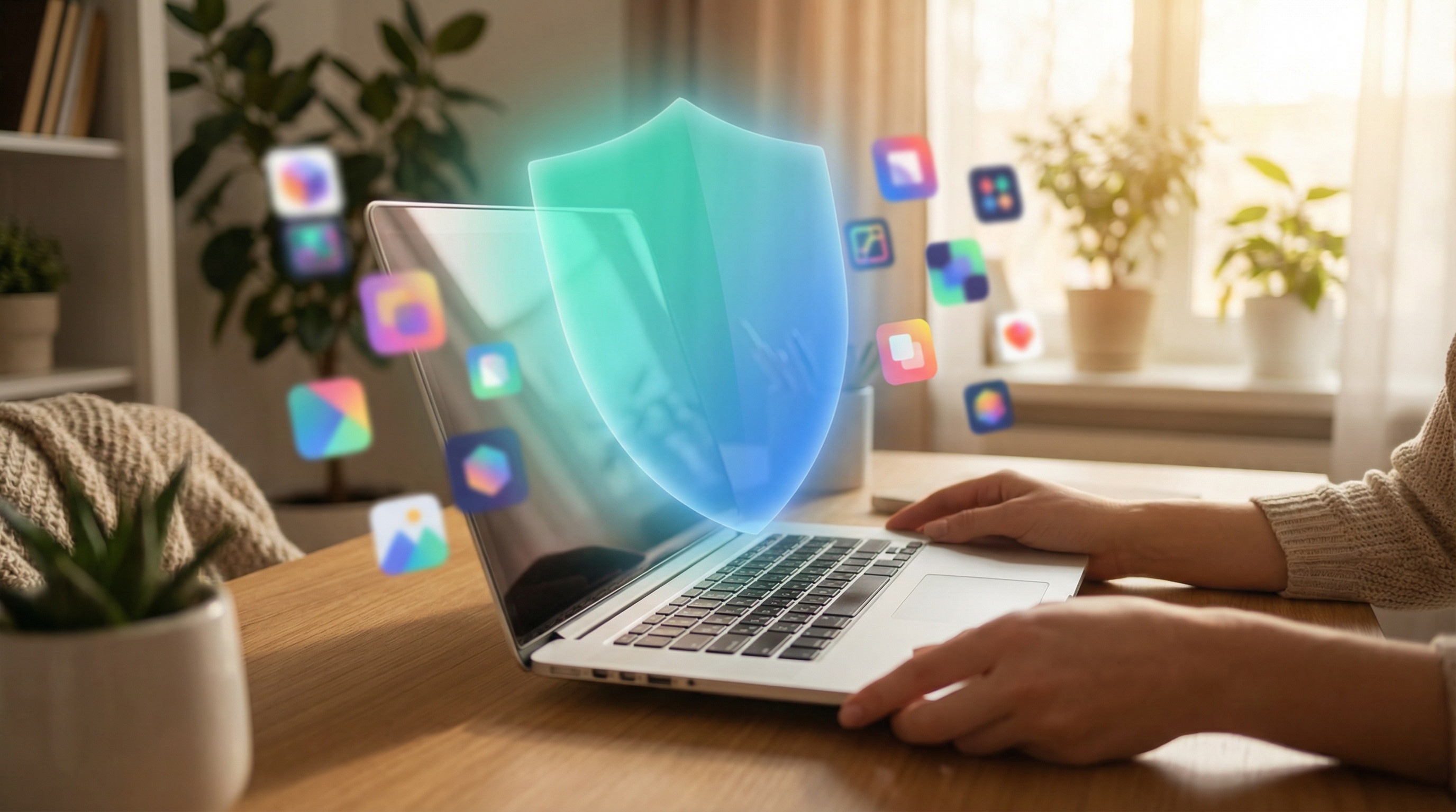 Woman's hands on laptop at home office with shield protecting against floating brand icons, teal protective glow