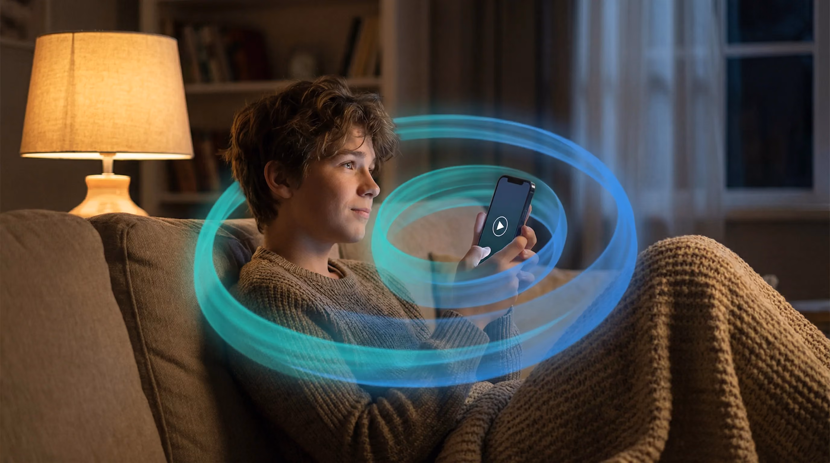 Young person on couch holding smartphone with play button icon, teal spiral recovery aura surrounding phone