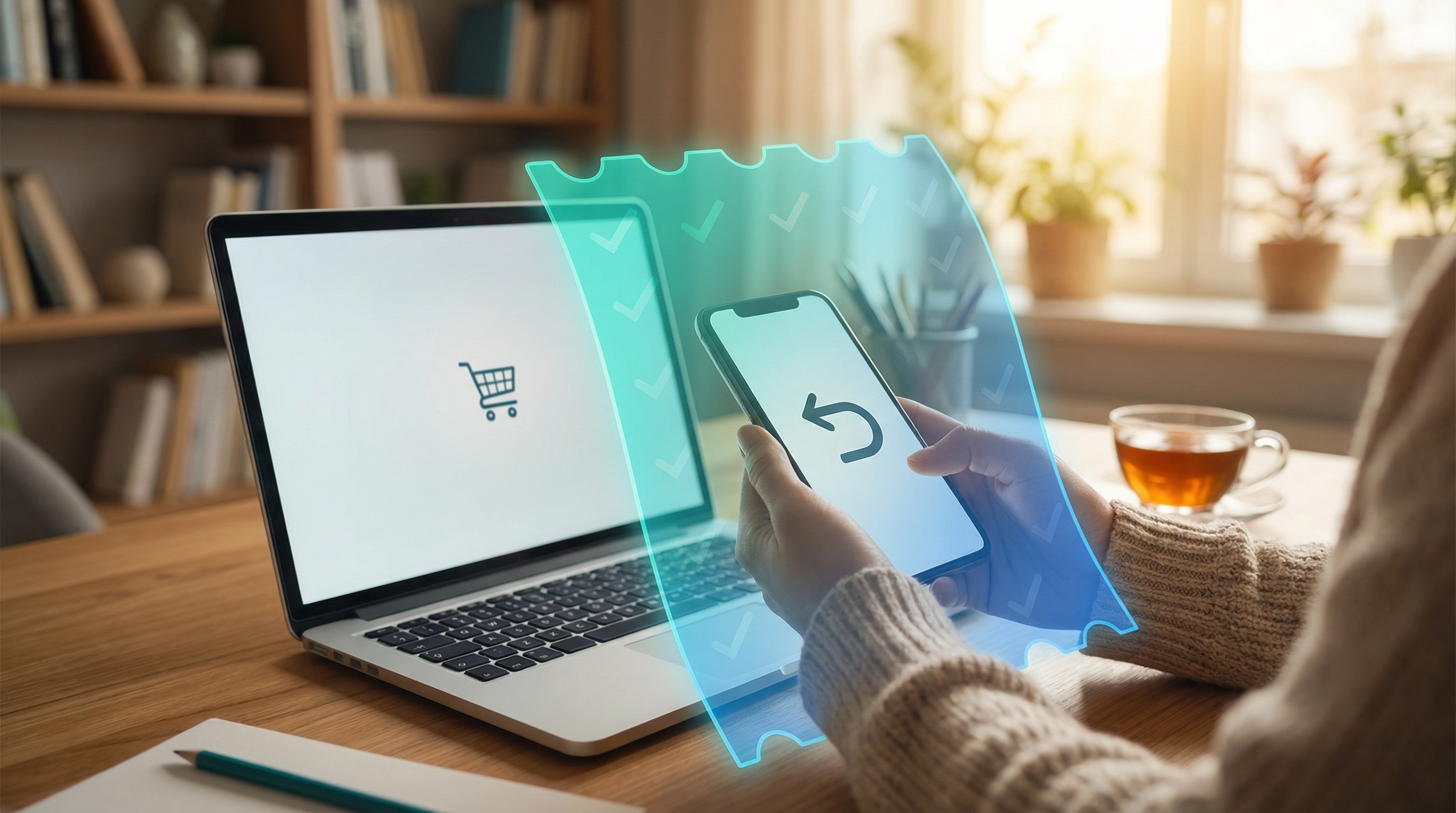 Hands holding phone with refund arrow icon, laptop showing shopping cart, teal receipt-shaped protective glow with checkmarks