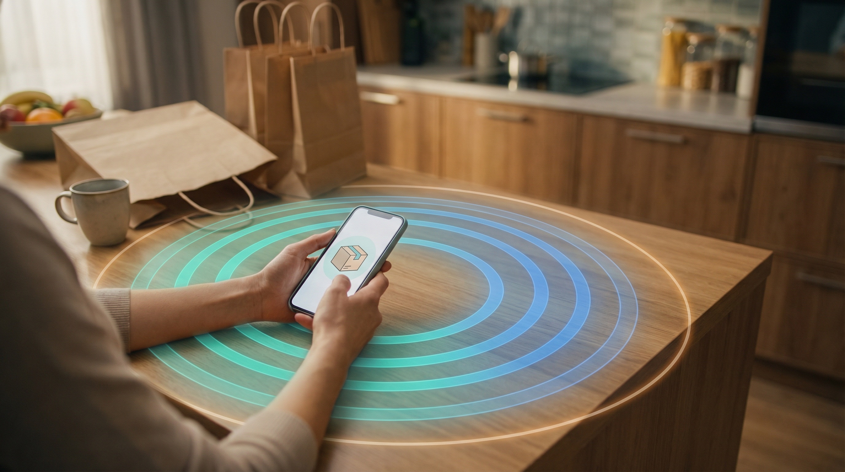 Hands holding phone at kitchen counter with package icon, concentric teal-blue protective rings with shopping bags nearby