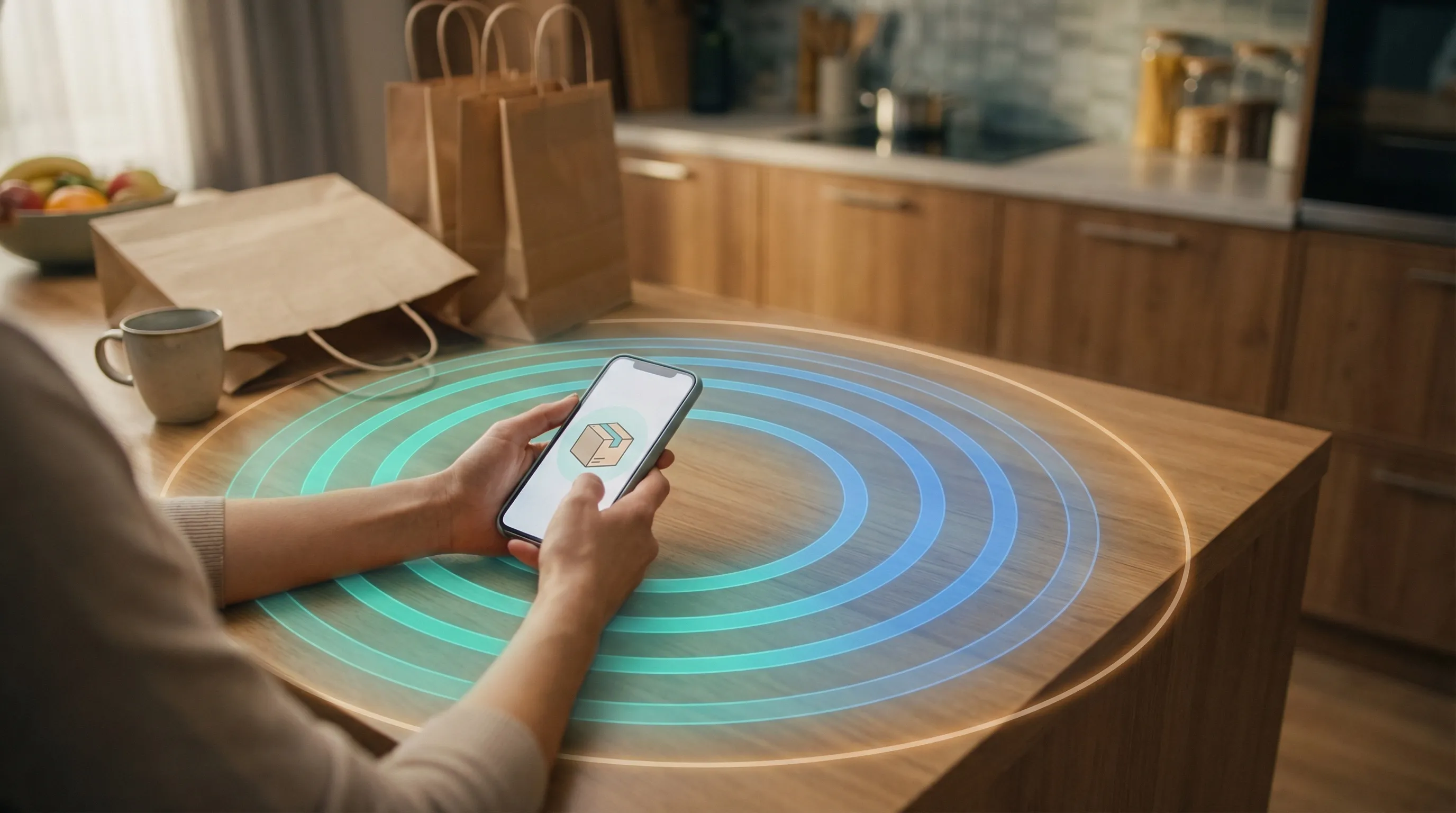 Hands holding phone at kitchen counter with package icon, concentric teal-blue protective rings with shopping bags nearby