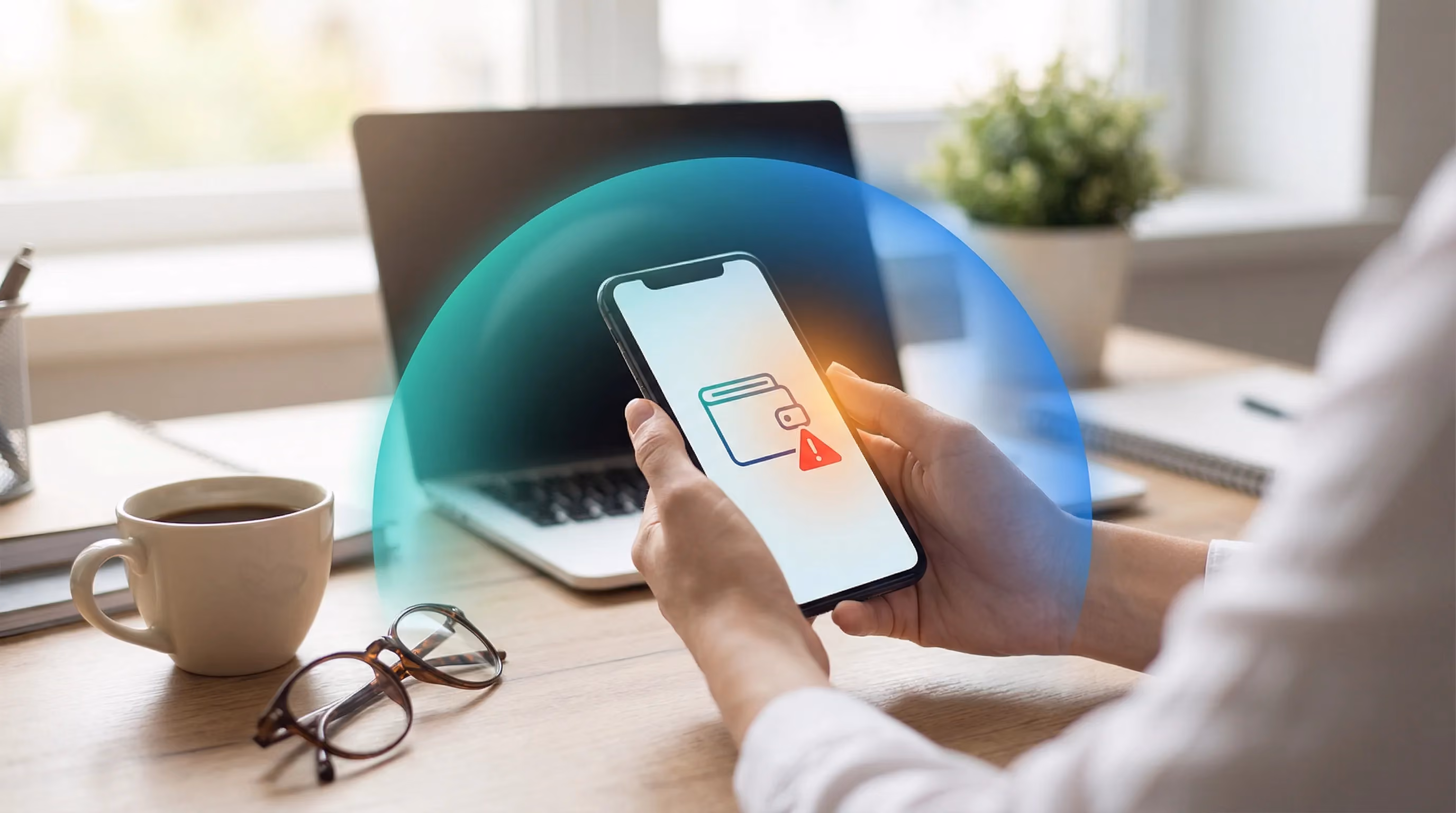 Person holding smartphone at home office desk with crypto wallet warning icon, protected by teal-blue dome glow