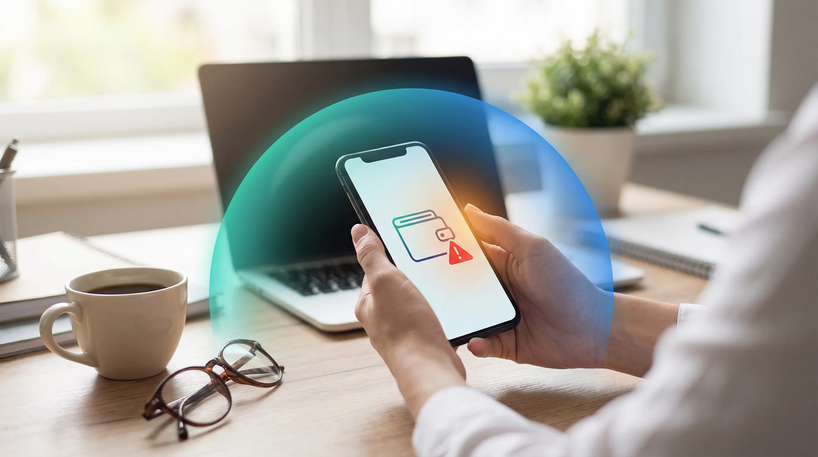 Person holding smartphone at home office desk with crypto wallet warning icon, protected by teal-blue dome glow