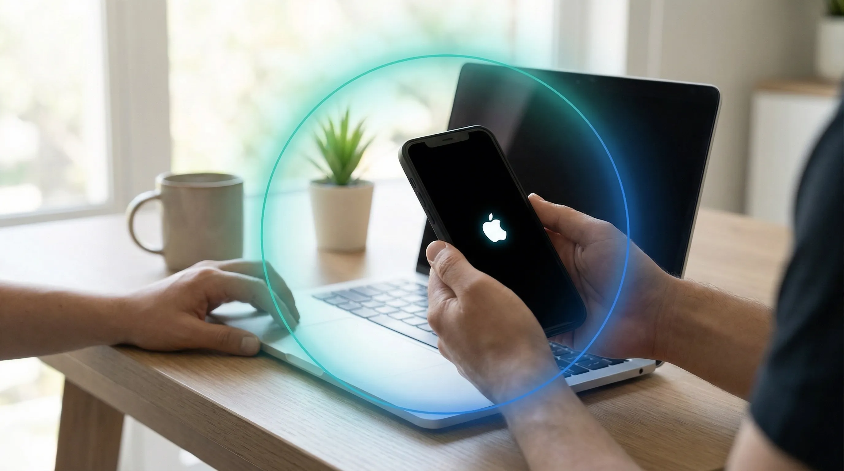 Person holding iPhone with Apple logo near MacBook, protected by elegant teal-blue circular aura