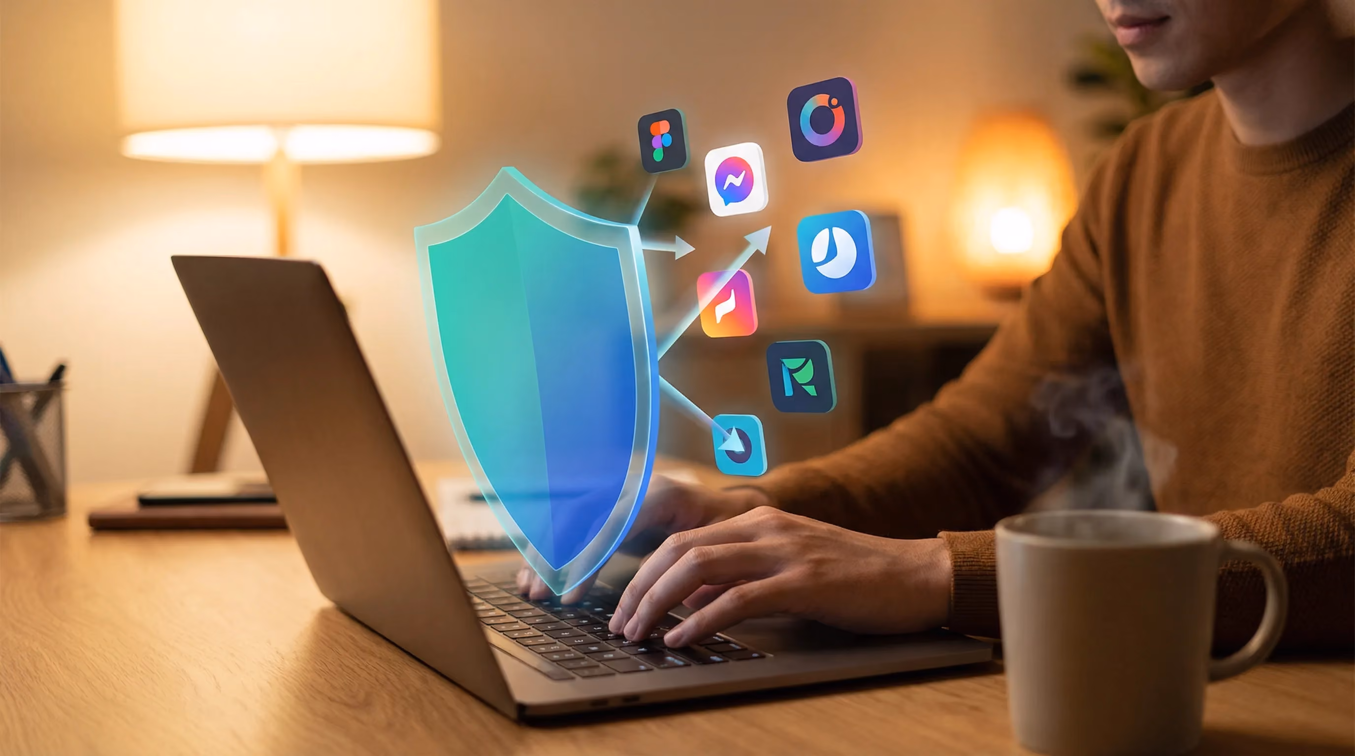 Person at desk with laptop, teal-blue shield deflecting floating brand-like app icons