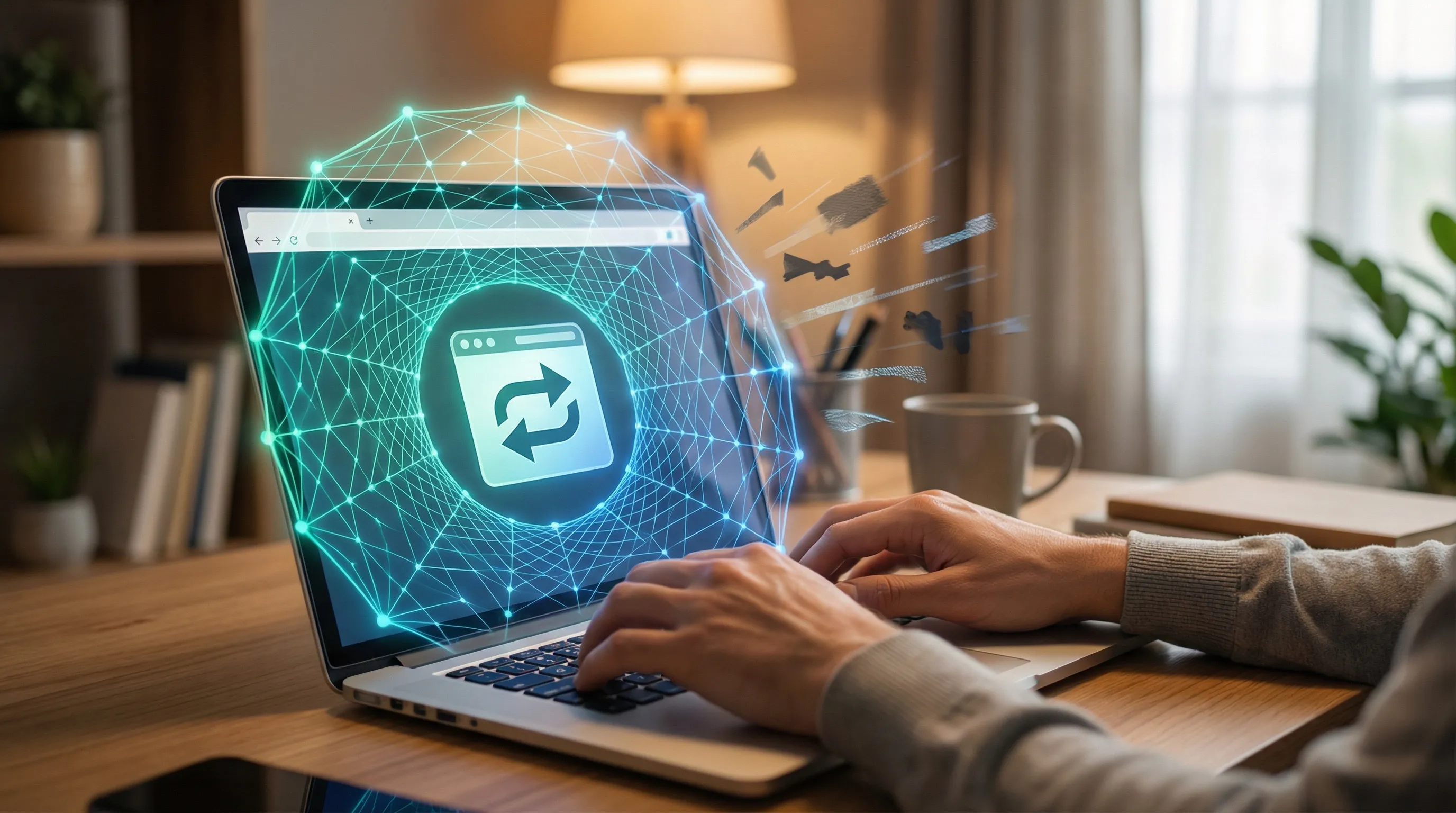 Hands typing on laptop with redirect arrows icon, protected by teal-blue mesh web glow blocking threats