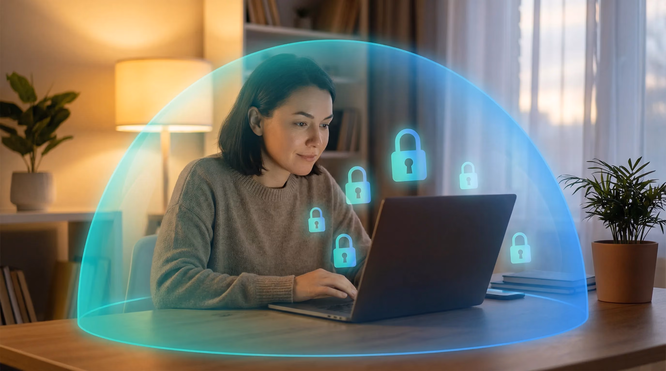 Woman at desk with laptop surrounded by floating lock icons, protected by teal-blue dome shield glow