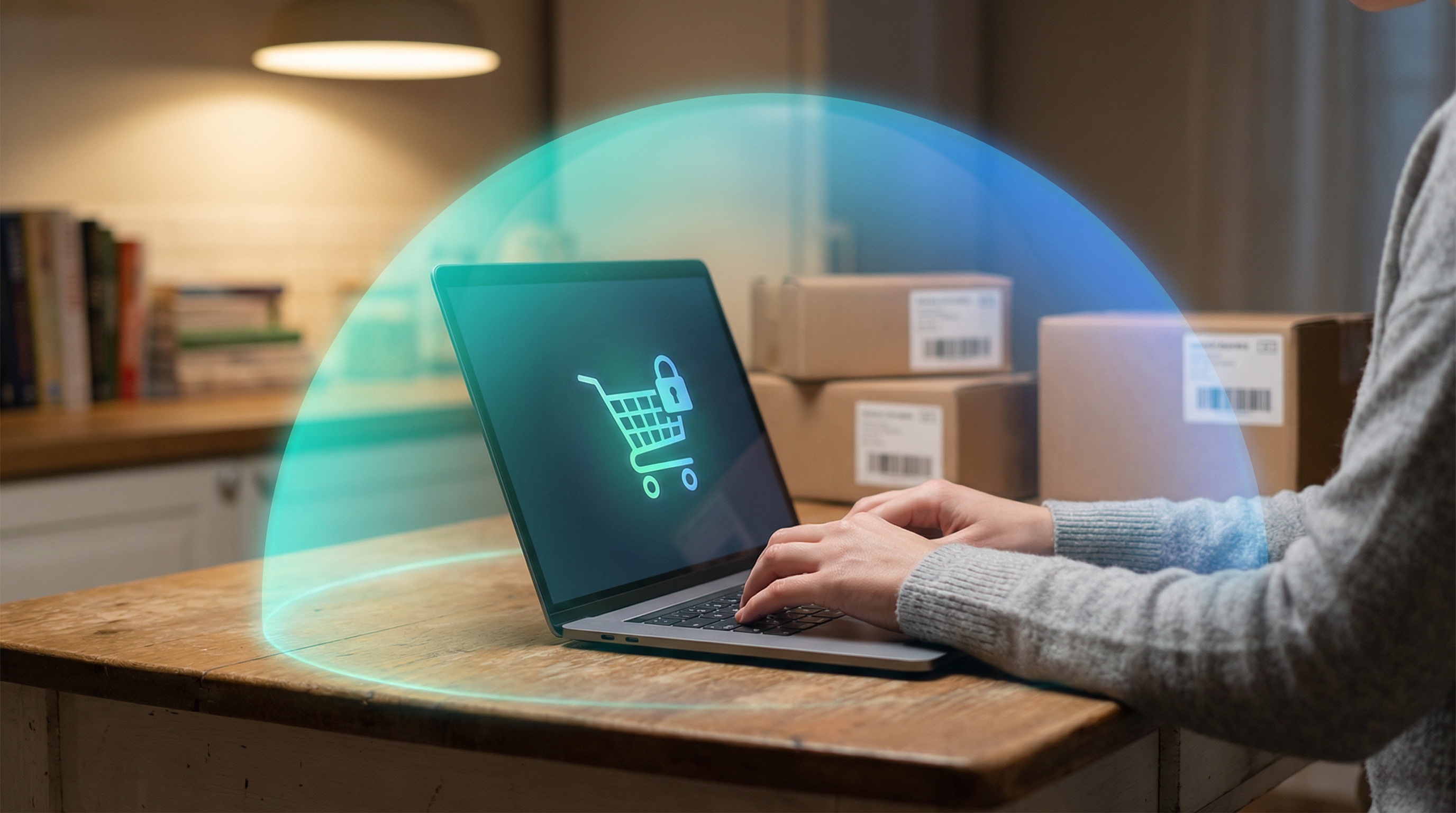 Person at kitchen table with laptop showing shopping cart lock icon, delivery boxes in background, teal-blue dome glow