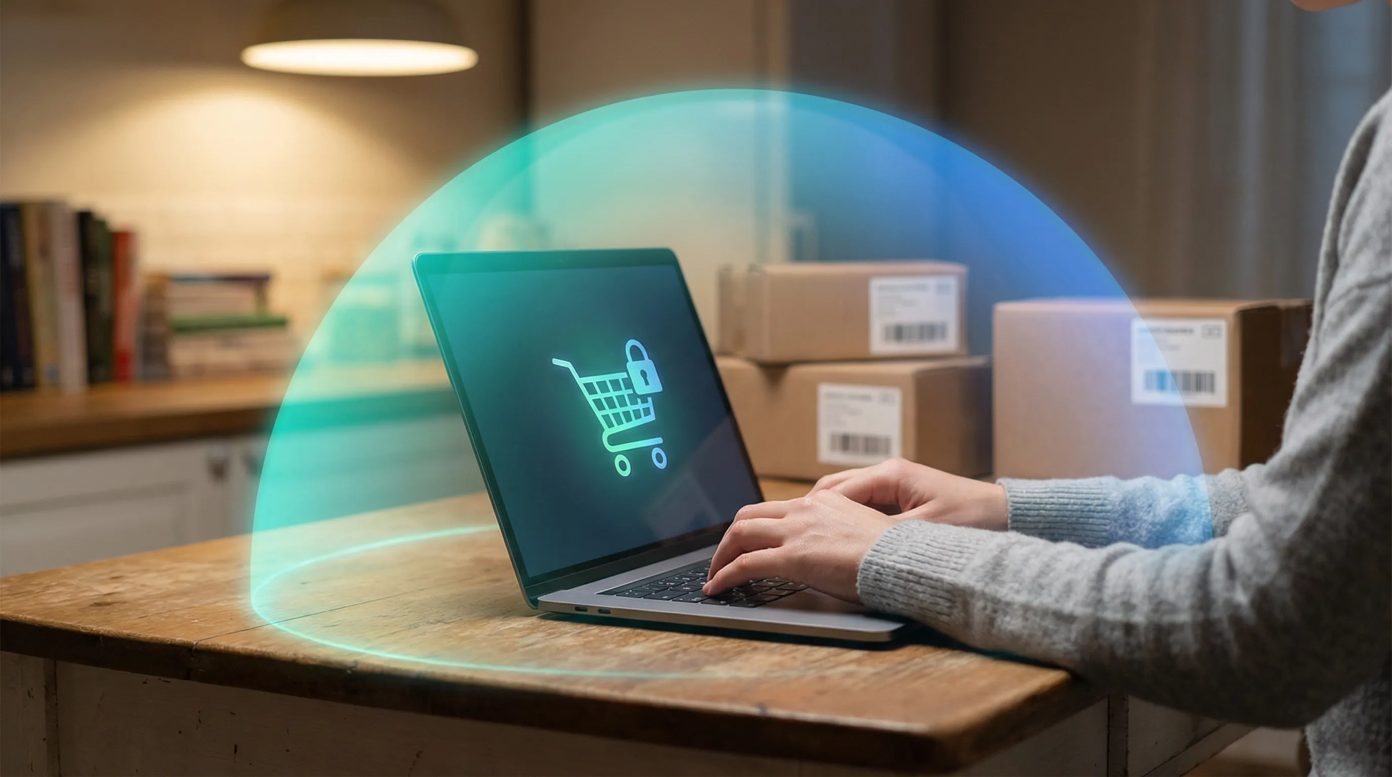 Person at kitchen table with laptop showing shopping cart lock icon, delivery boxes in background, teal-blue dome glow