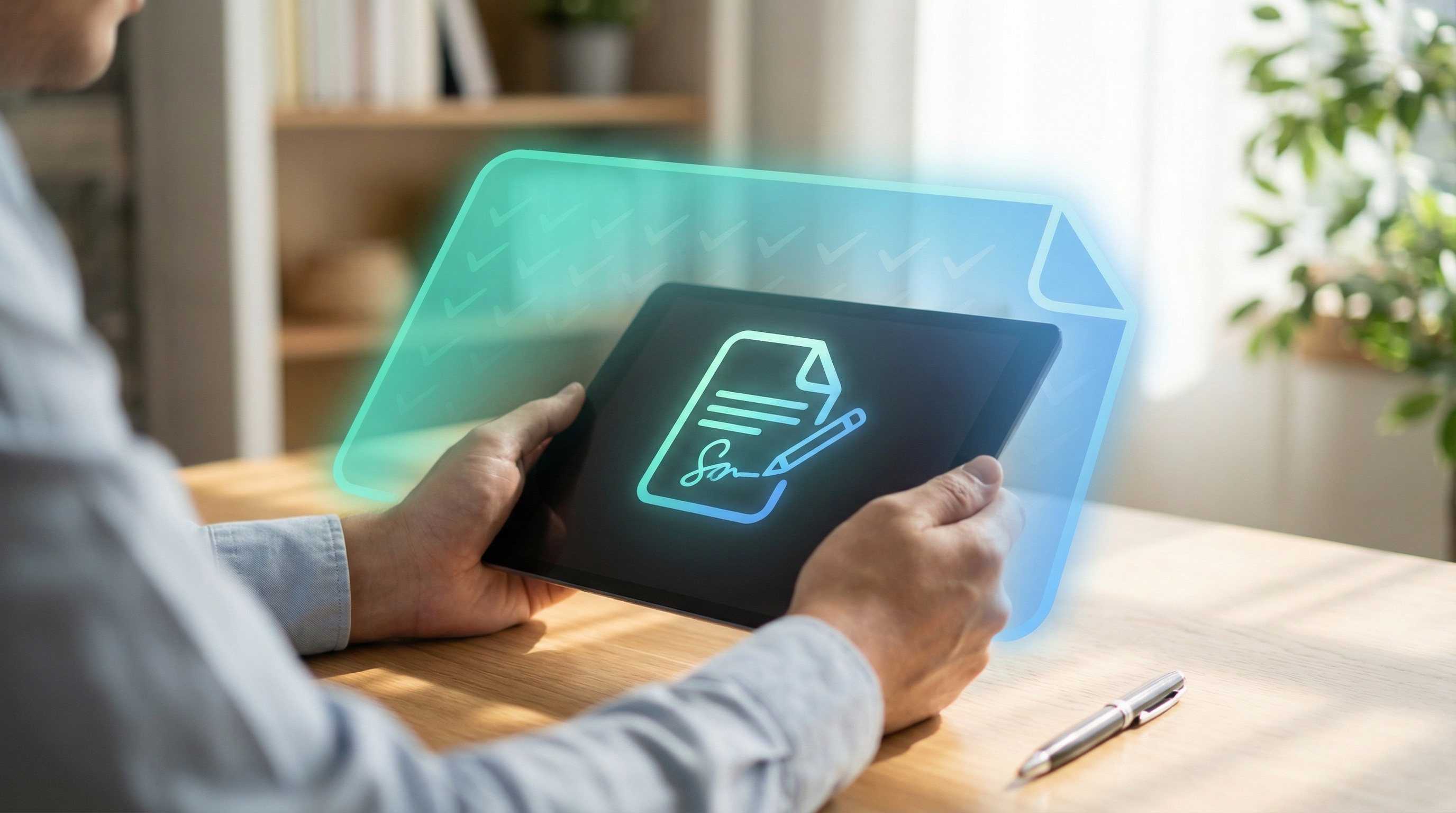 Hands holding tablet with document signature icon, pen nearby, protected by teal-blue document-shaped glow