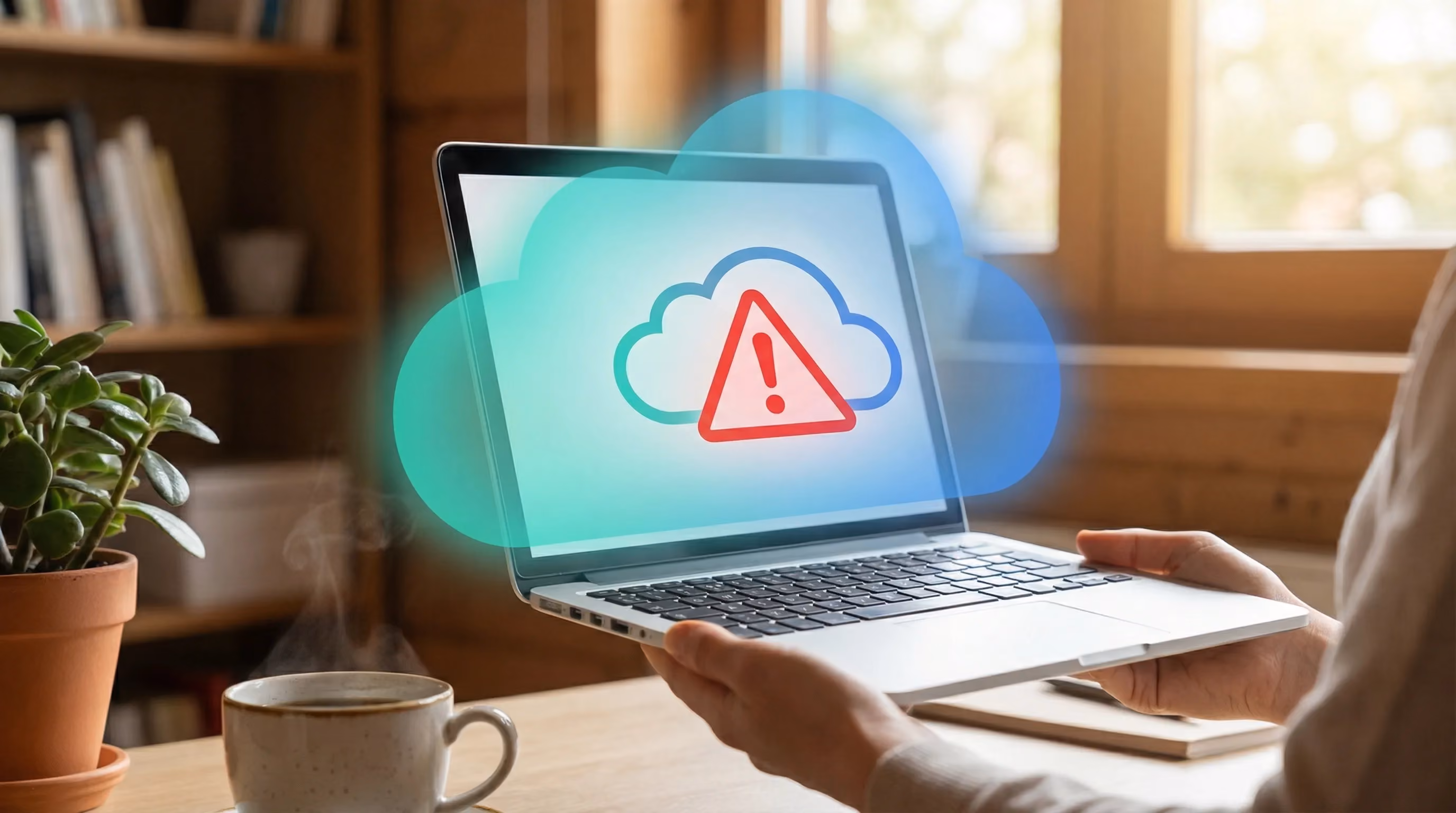 Person at home office with laptop showing cloud storage warning icon, protected by teal-blue cloud-shaped glow