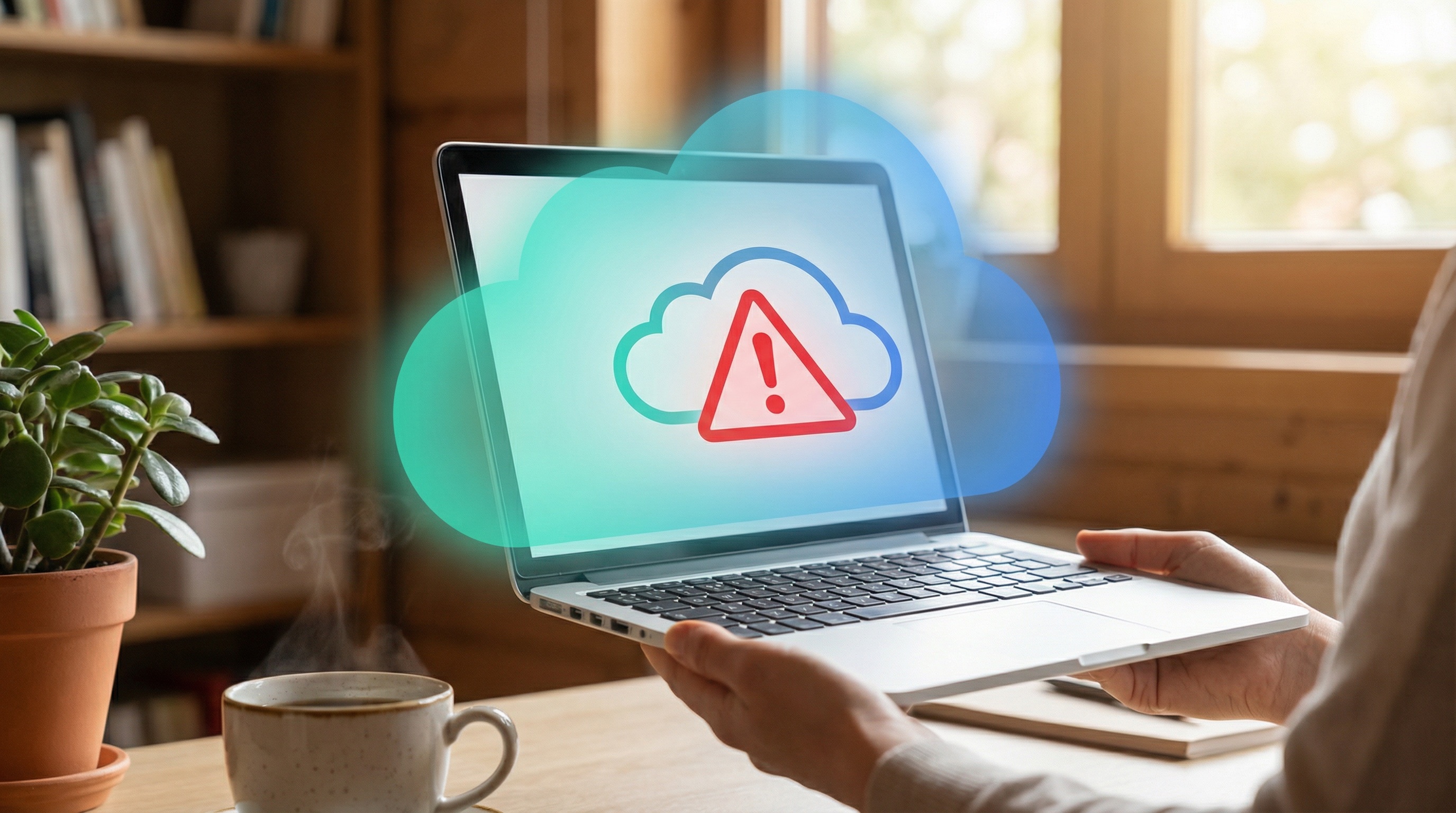 Person at home office with laptop showing cloud storage warning icon, protected by teal-blue cloud-shaped glow