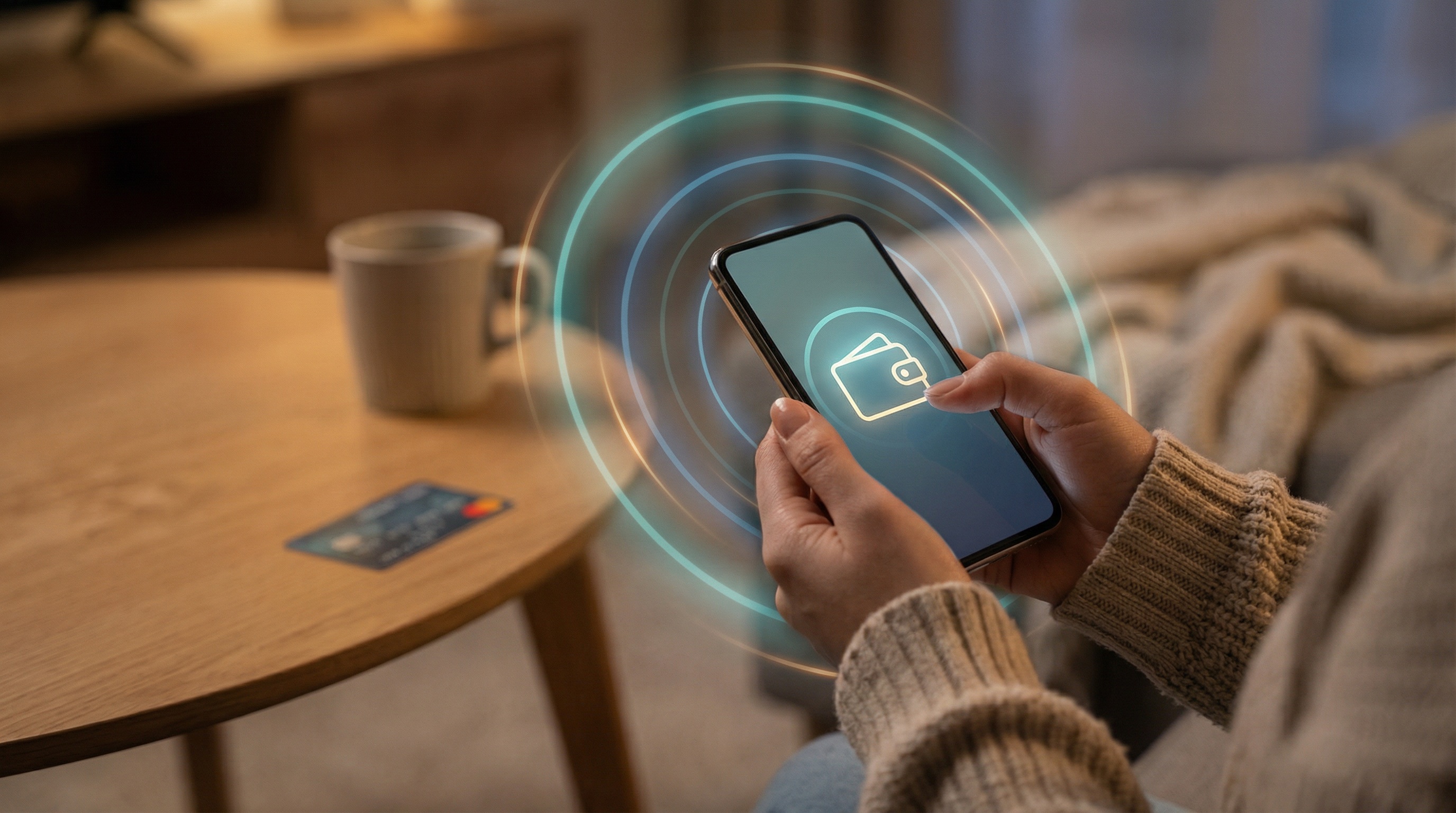 Hands holding smartphone with wallet icon, credit card nearby, protected by teal-blue concentric ring glow