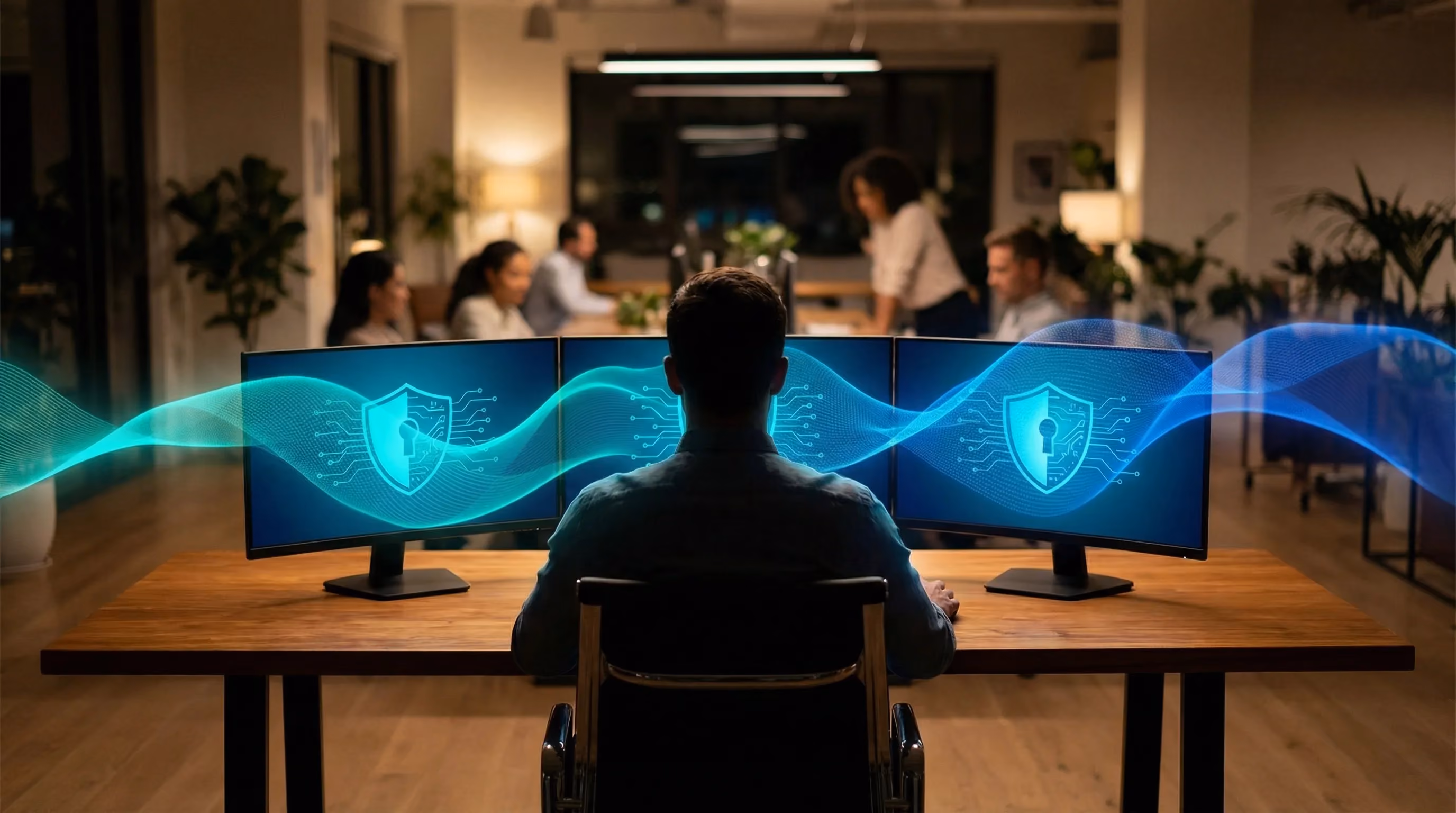 Person at modern desk with multiple screens showing shield icons, dynamic teal-blue protective energy radiating outward