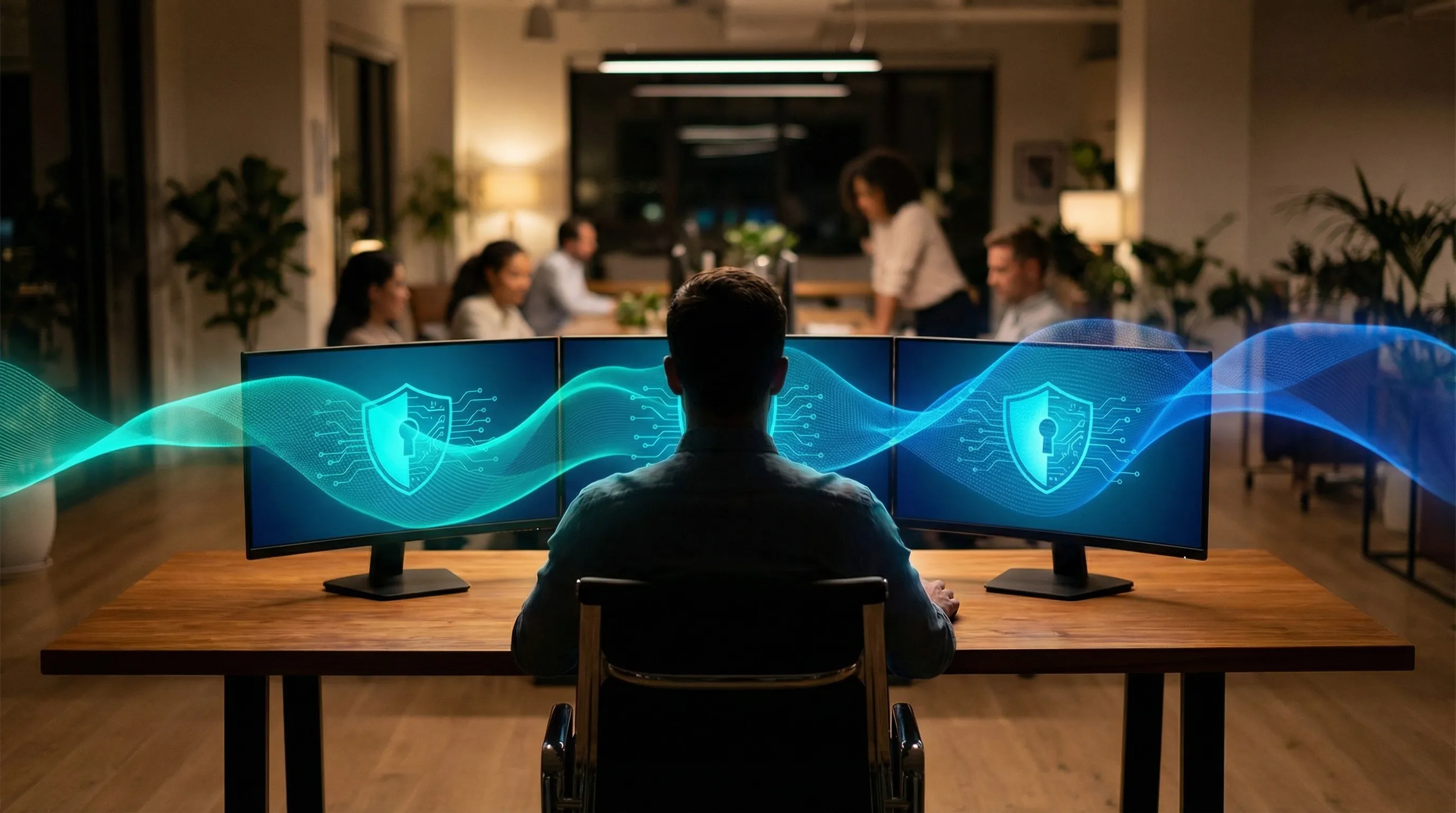 Person at modern desk with multiple screens showing shield icons, dynamic teal-blue protective energy radiating outward