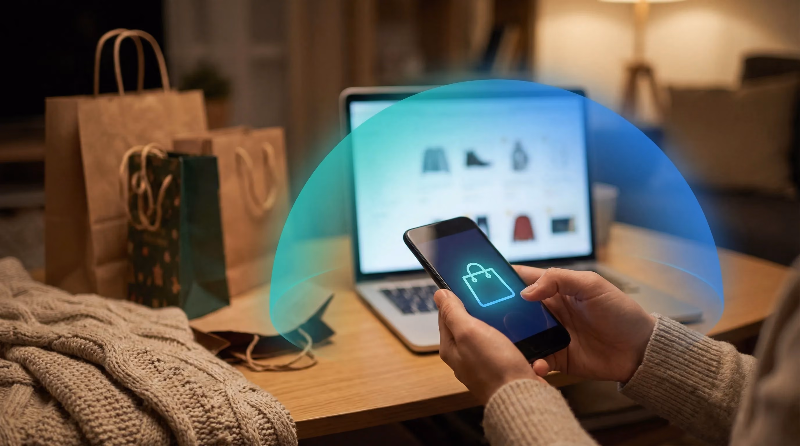Hands holding smartphone with shopping bag icon, laptop showing deals, protected by teal-blue dome glow with shopping bags nearby