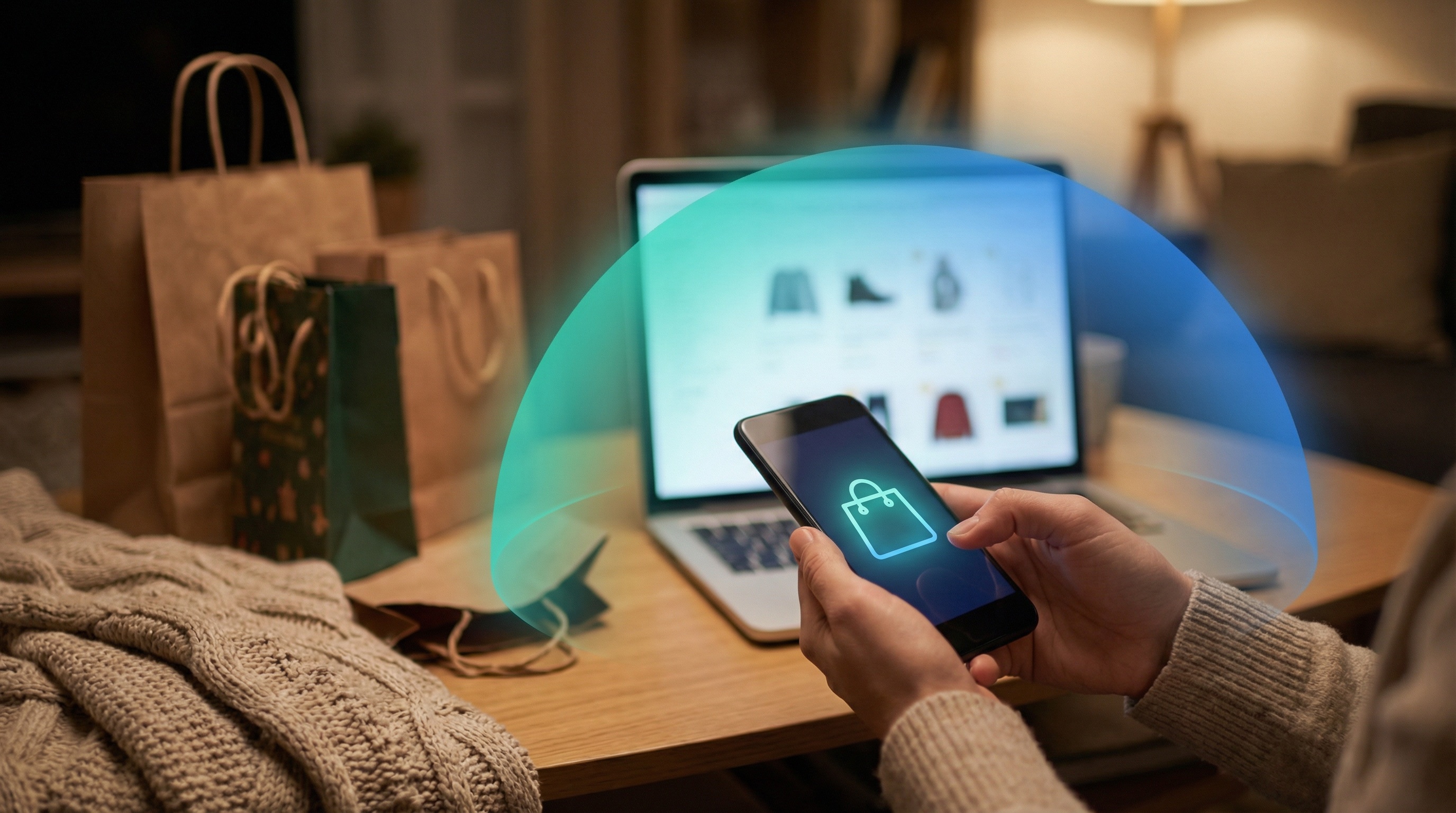 Hands holding smartphone with shopping icon, laptop showing deals, protected by teal-blue dome glow with shopping bags nearby