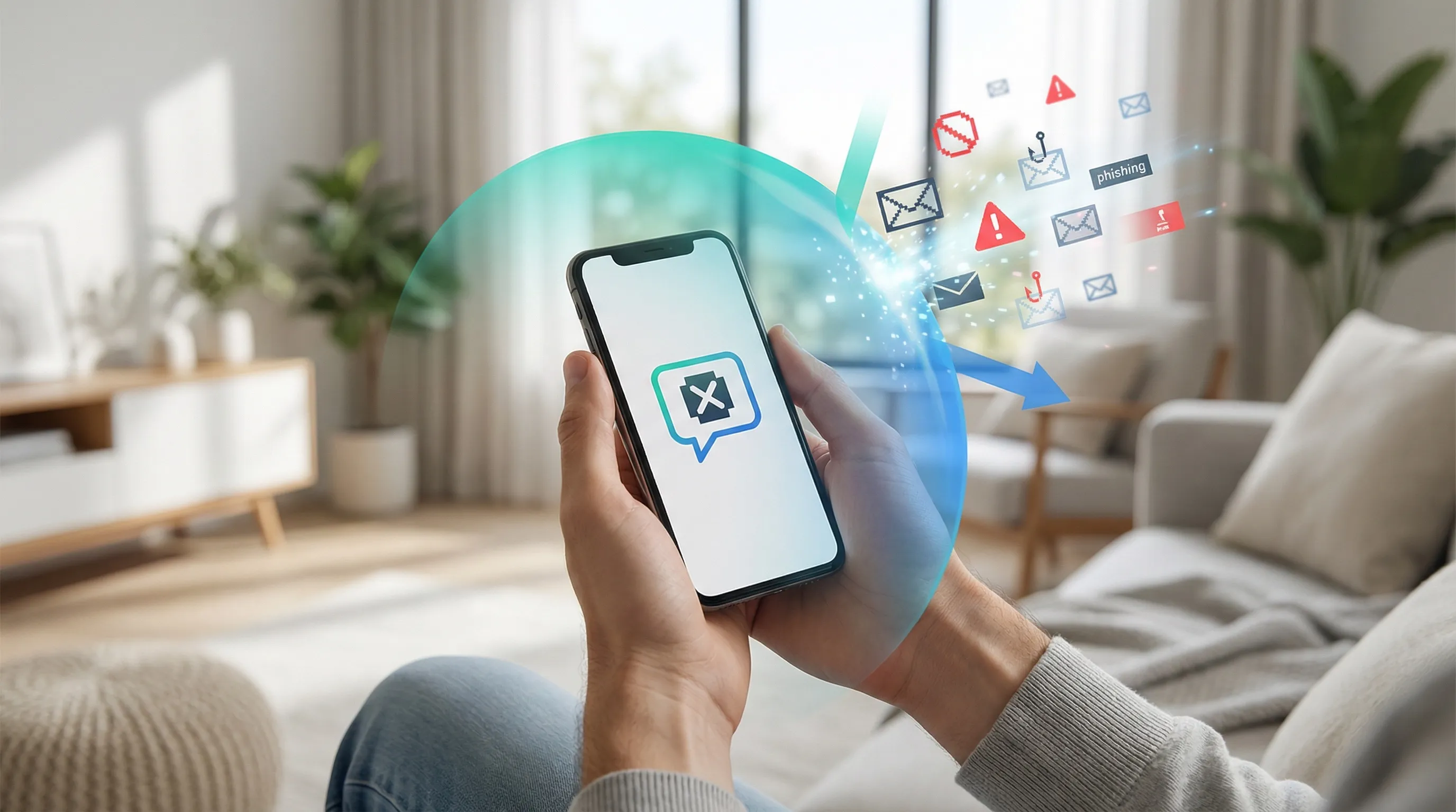 Hands holding iPhone with block message icon, spam being filtered by teal-blue protective barrier