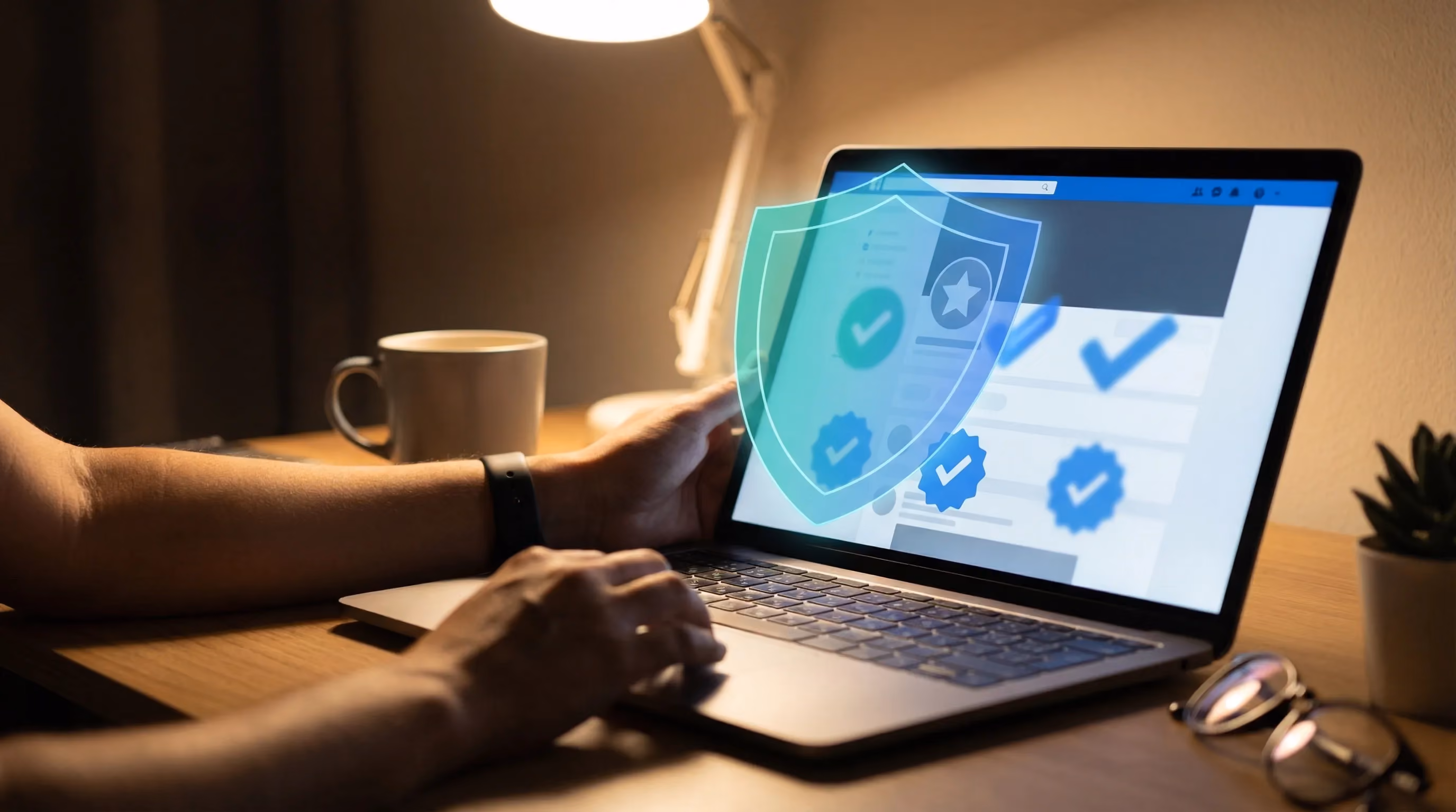 Person at desk with laptop showing social feed with verified badges, teal-blue shield blocking fake endorsements