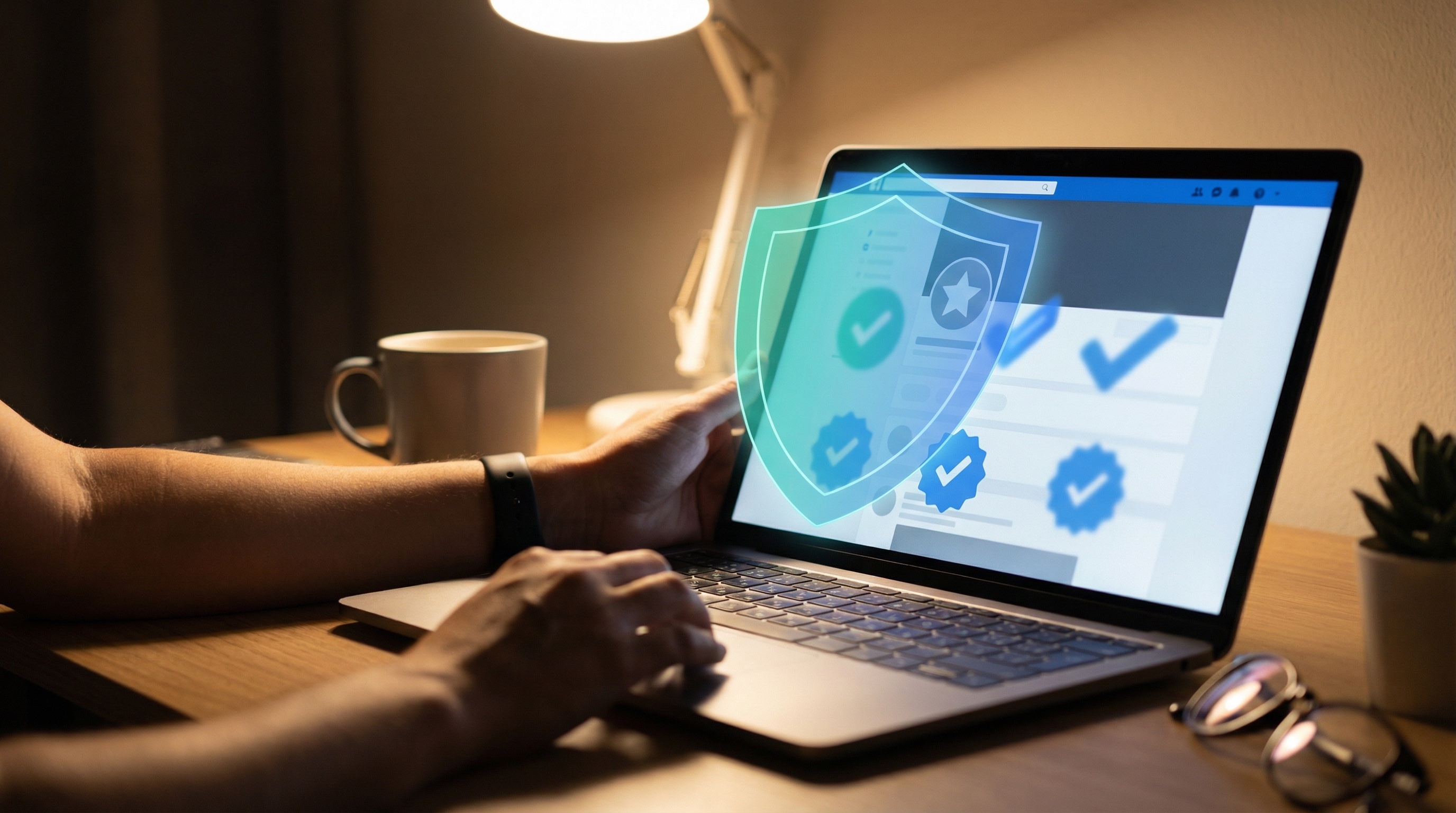 Person at desk with laptop showing social media feed with star icon, fake endorsements blocked by teal-blue shield