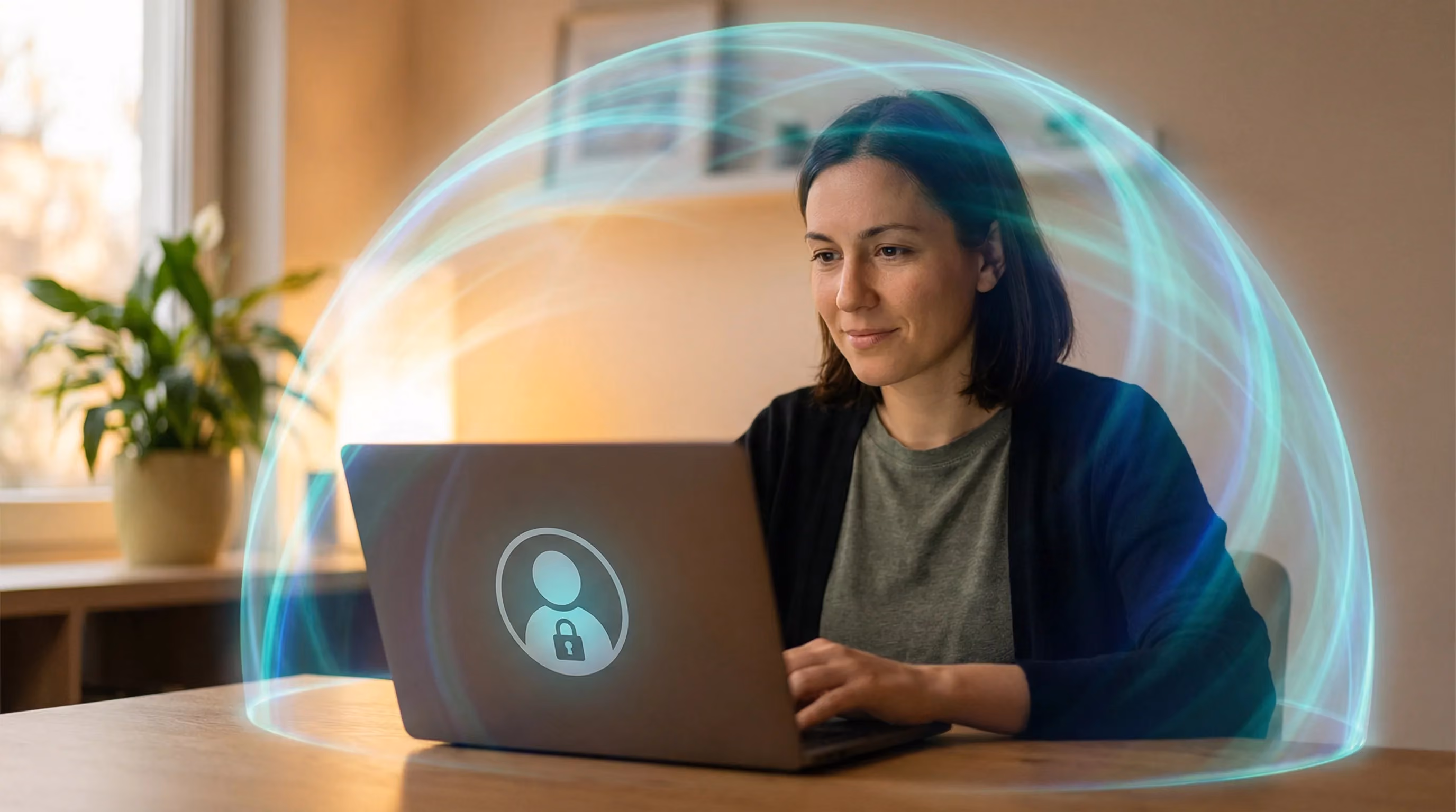 Person at desk with laptop showing social profile lock icon, protected by teal-blue dome shield