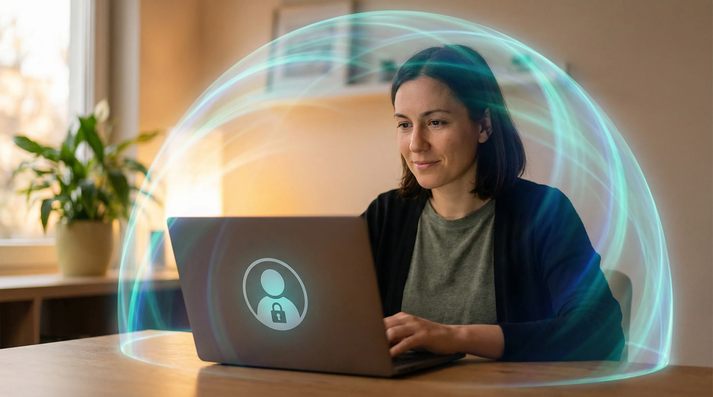 Person at desk with laptop showing social profile lock icon, protected by teal-blue dome shield