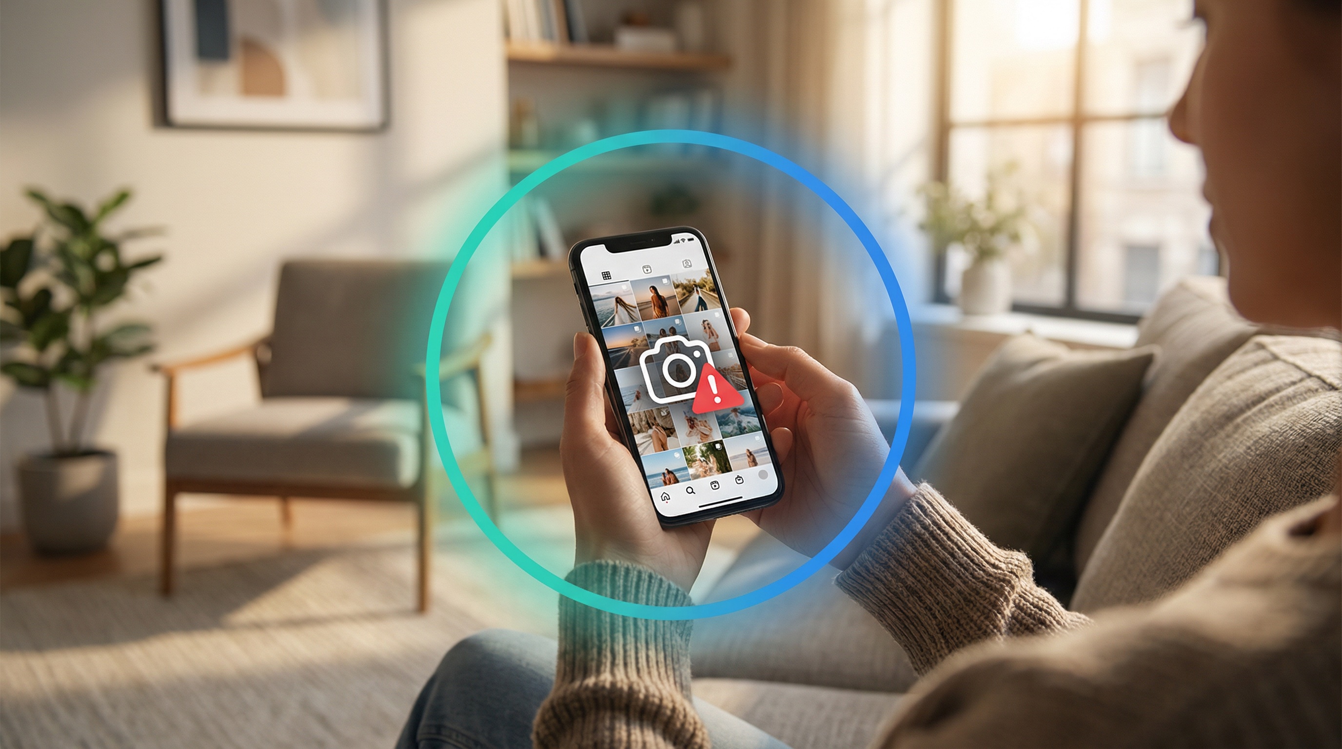 Person holding smartphone showing social grid with camera warning icon, teal-blue protective aura around phone