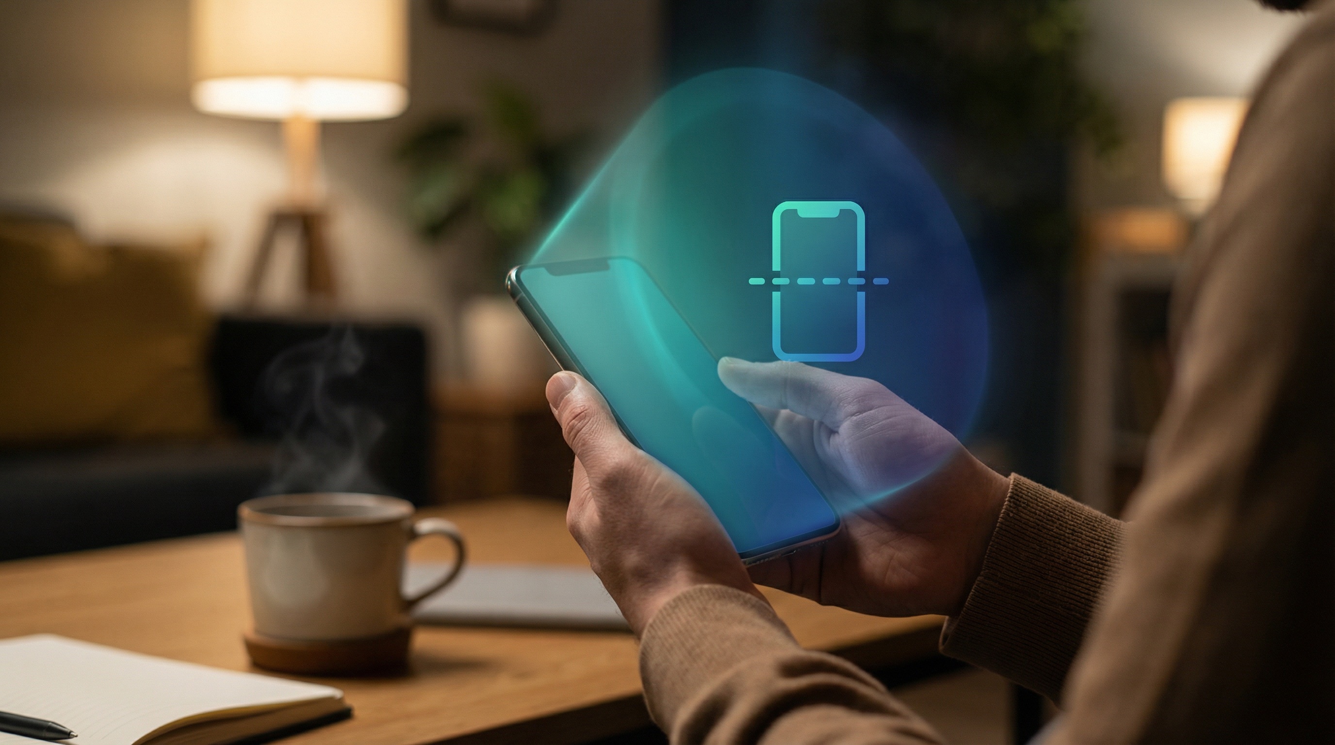 Person holding smartphone with duplicate phone icon, teal-blue scanning aura detecting cloning threats