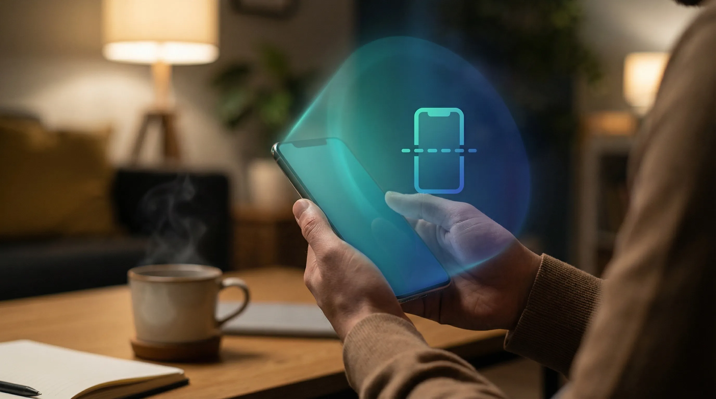 Person holding smartphone with duplicate phone icon, teal-blue scanning aura detecting cloning threats